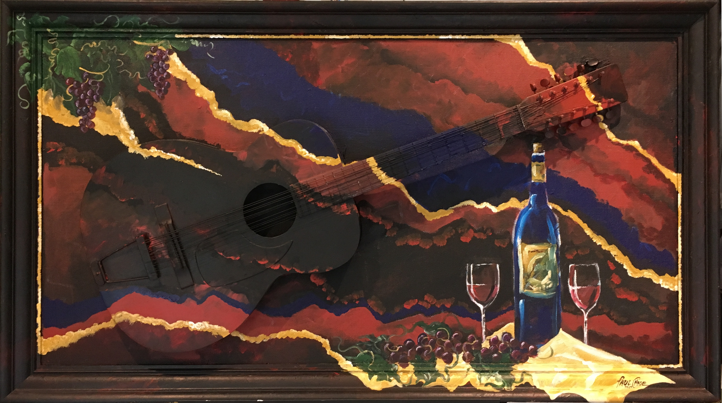 "TwelveStringMerlot" - 24x48" - Acrylic on panel with actual guitar. - $800