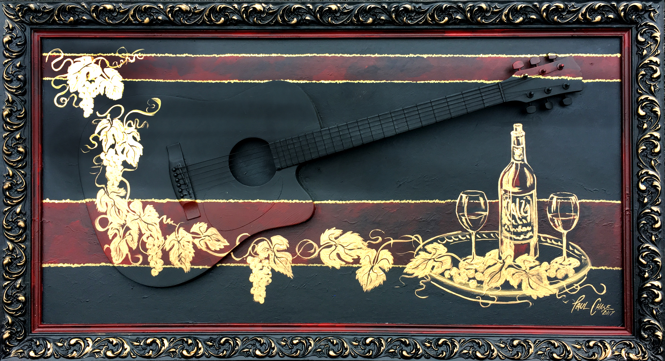 "VineyardGuitarGold" - 24x48" - Acrylic and enamel on panel with actual guitar - $800
