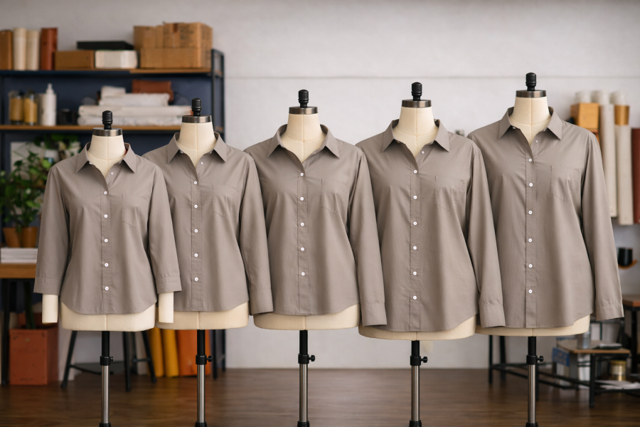Five mannequins dressed in identical beige button-up shirts in a row inside a sewing or tailoring shop.