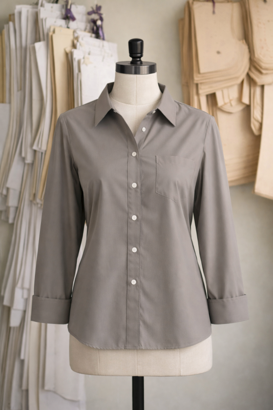 Gray button-up shirt displayed on a mannequin in a tailoring or clothing workshop with fabric patterns and sewing supplies in the background.