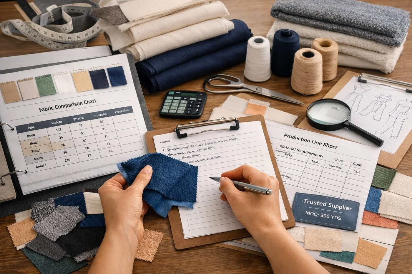Design workspace with fabric samples, sewing tools, thread spools, a magnifying glass, a calculator, sketches, and notes for upholstery or garment production.