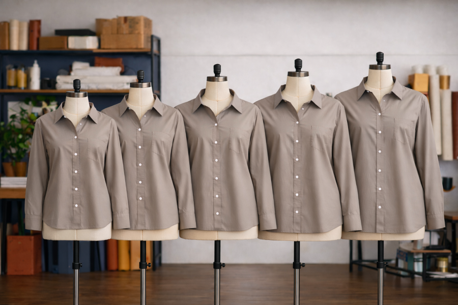 Five beige dress shirts on mannequin torsos in a craft room.