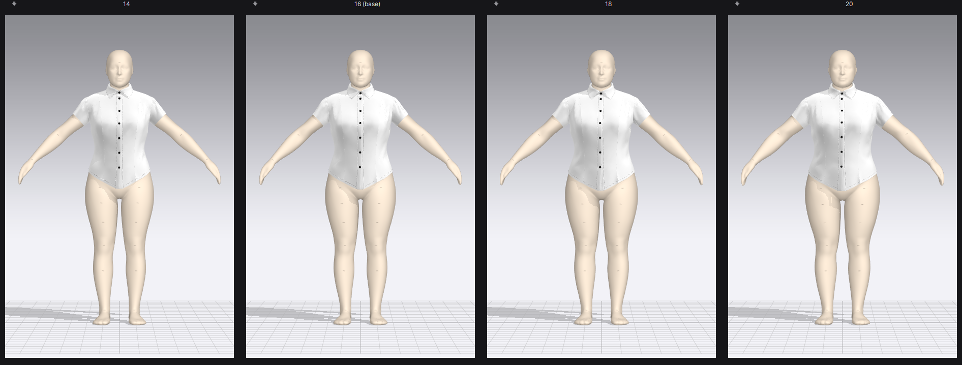 Four 3D human figure models in white shirts, viewed from the front, with arms outstretched, standing on a gray grid background.