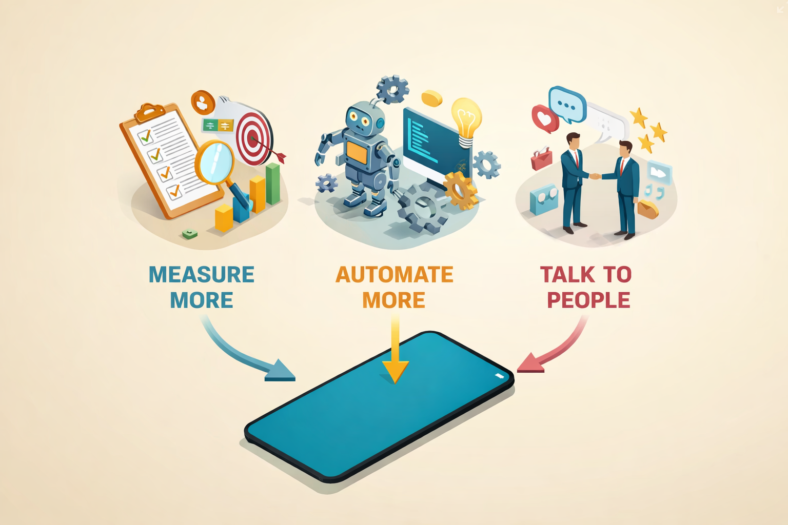 Isometric illustration of a smartphone with three clusters labelled “Measure More,” “Automate More” and “Talk to People,” representing data, automation and human skills in European hiring based on LinkedIn’s “Skills on the Rise 2026” data.