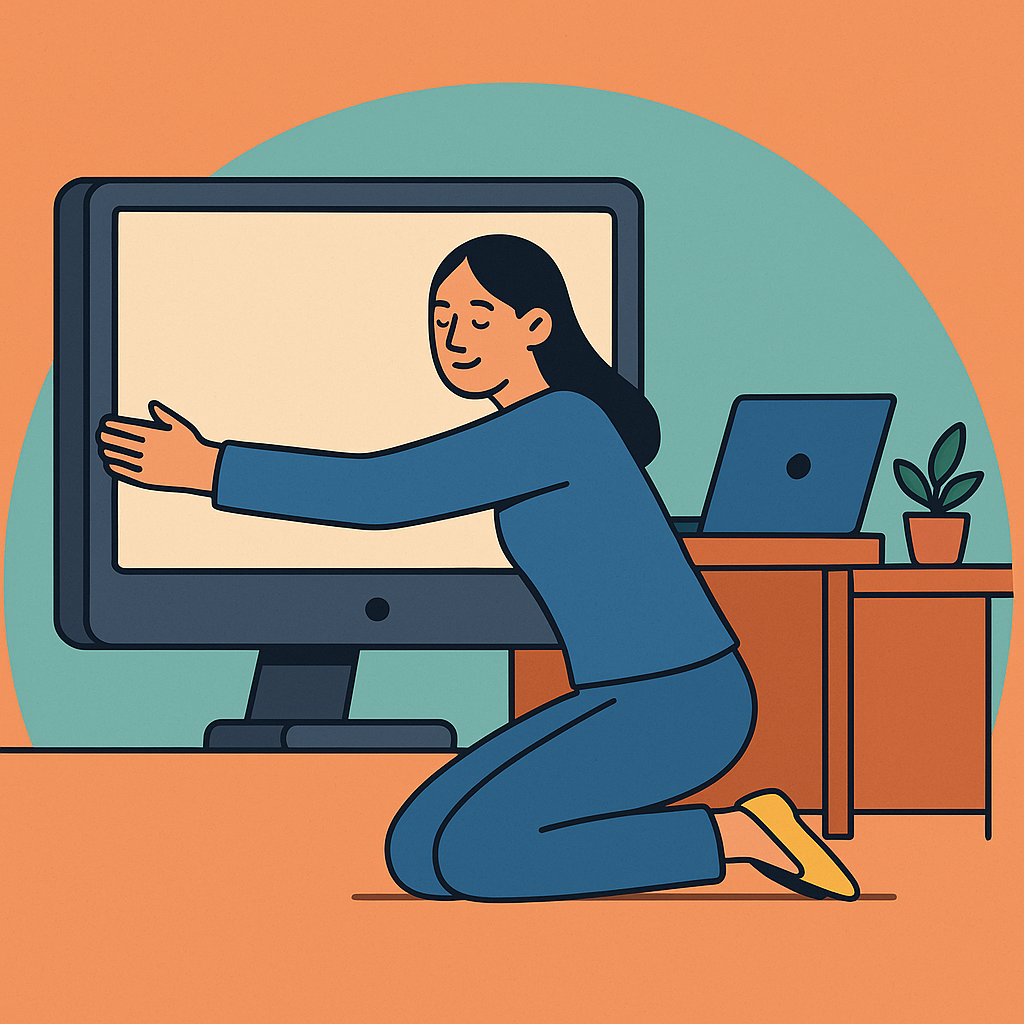 Digital illustration of a woman in blue office clothes kneeling and hugging a large computer monitor, with a wooden desk, laptop, and small potted plant in the background