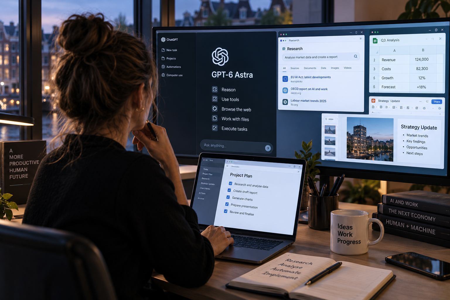 Woman using GPT-6 Astra for computer-based AI tasks across research, spreadsheets, presentations and business software.