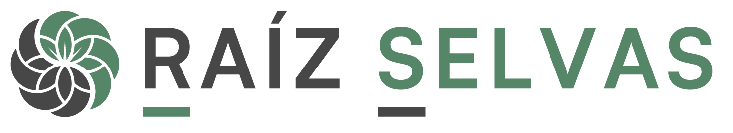 Raíz Selvas logo featuring a green and gray spiral floral design