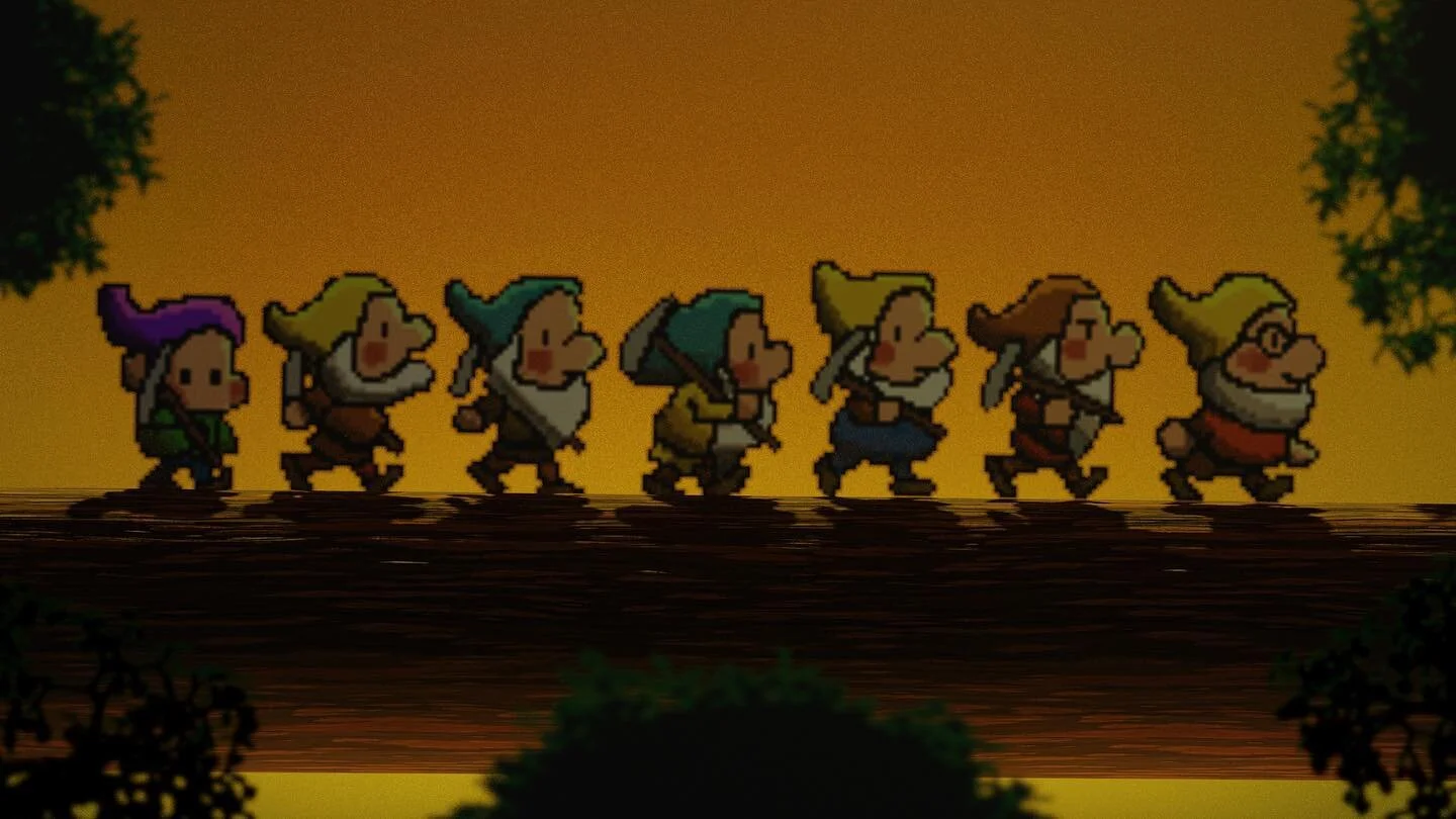 On their way home from work. 
Created with Blender and Procreate. 

#fanart #snowwhite #disney #blender #pixelart #art #mixedmedia #2dsprite #enviromentdesign #sunset