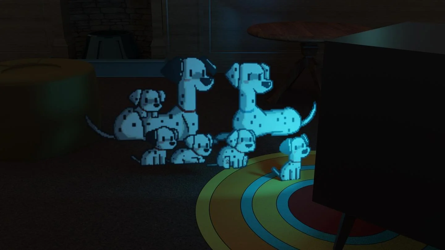 Catching up on nightly news. 
Created in Procreate and Blender. 

#101 Dalmatians #artwork #fanart #hybridart #mixedmedia #pixelart #3dbackground #enviromentdesign #cutedogs
