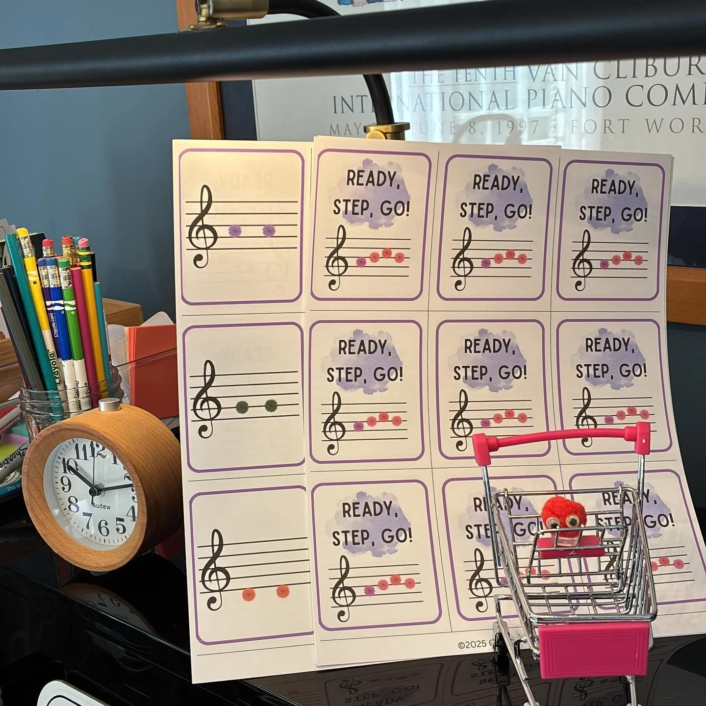 Tiny grocery carts left over from my kids&rsquo; toy clean out + red fuzzy = new game for beginners! Can&rsquo;t wait to play with my first grader later today! #pianoteacher #musicgames