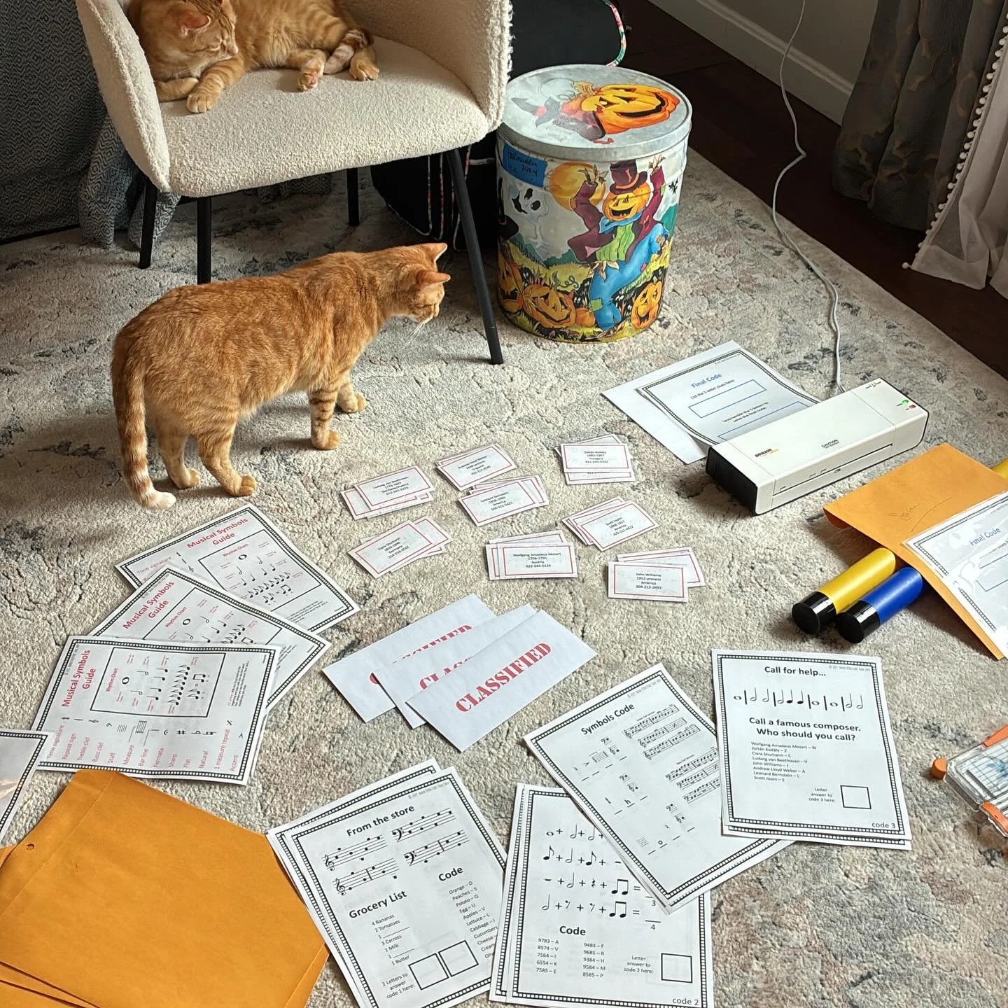 Halloween Masterclass is almost here!!! Escape Room by @banddirectorstalkshop 🎃 Venus and Mars are just here for the laminator fun. #pianoteacher #studiocats