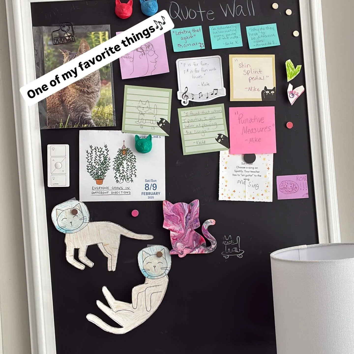 I love this spot in the studio room because it collects all the little drawings and funny things that get said during lessons. I love that we approach learning music with a sense of humor here - it&rsquo;s easier to make mistakes and learn from them 