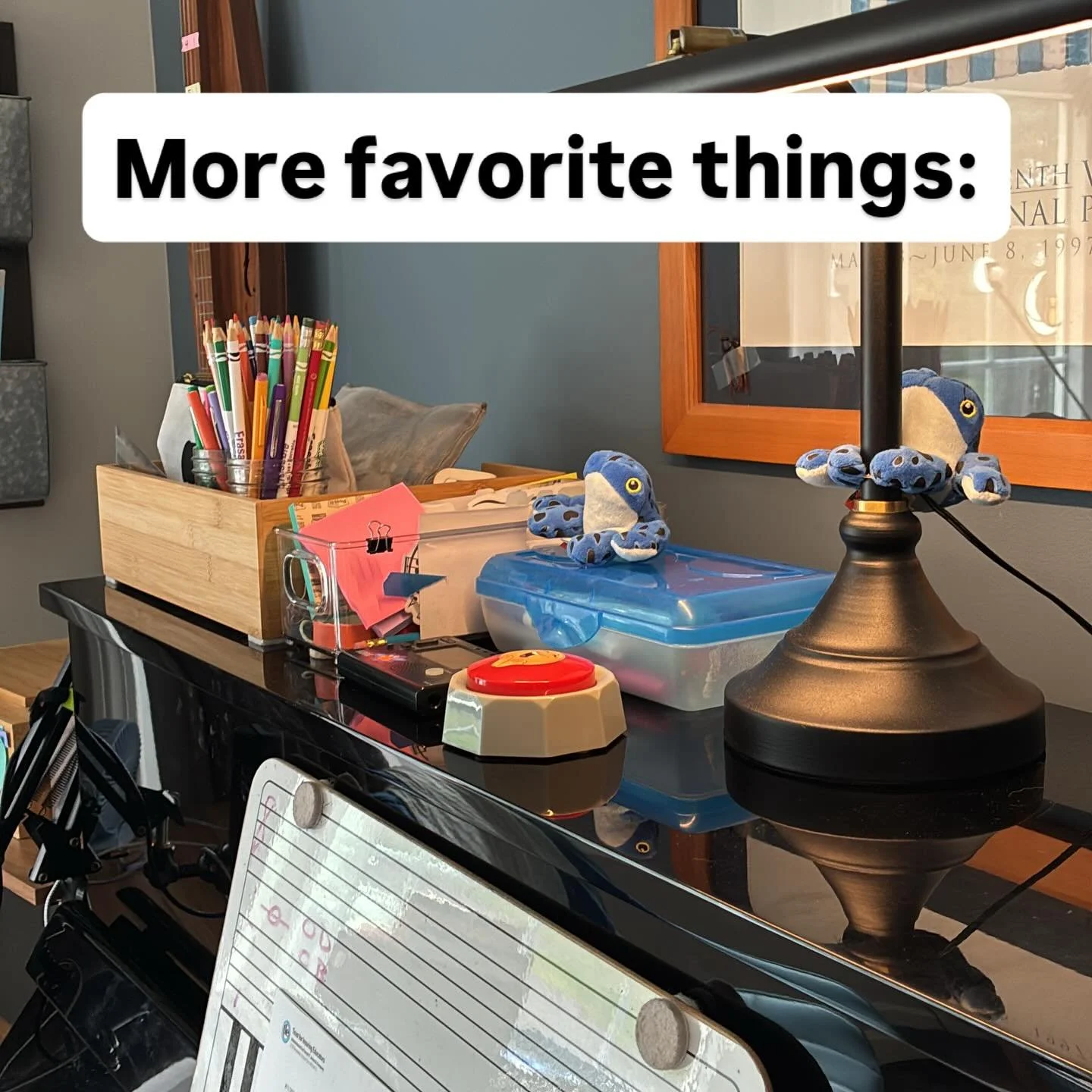 More favorite things in the studio as I spend this week prepping for the start of the Fall Session on Sept 14! 

My favorite teaching tools live right on top of the piano, in arms reach of everyone. Sticky notes! Pencils! Colored pens! Stamps! A metr