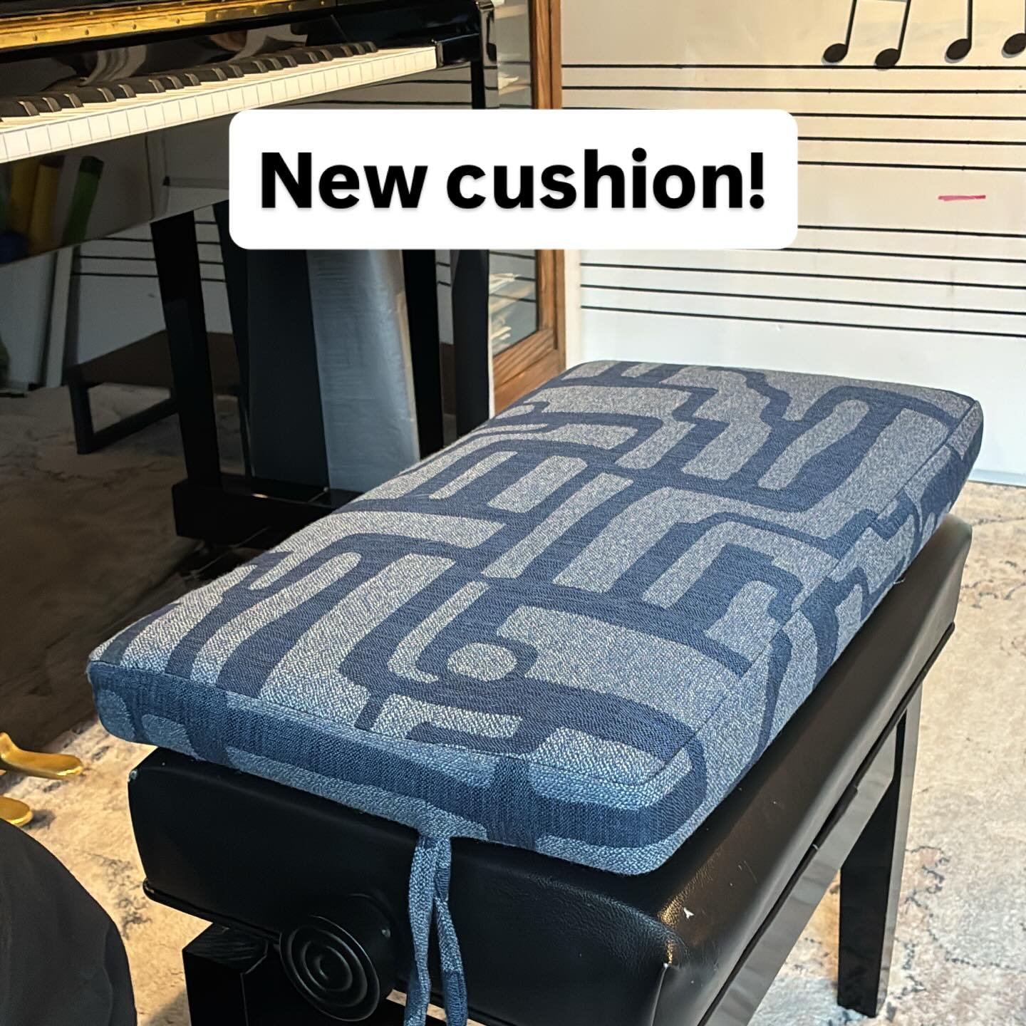 Even though the ties don&rsquo;t really line up with the knobs on my bench, I&rsquo;m super excited about the new cushion, and I love how it matches the vibe of the music room! Super cozy for long practice sessions!