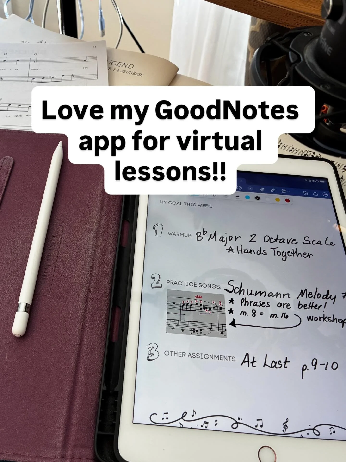 Happy to share my lesson notes templates for free with anyone who wants to give it a try! Shoot me a message and I&rsquo;ll send you the link. Not an ad for GoodNotes - just a huge fan! #pianoteacher #musicteacher