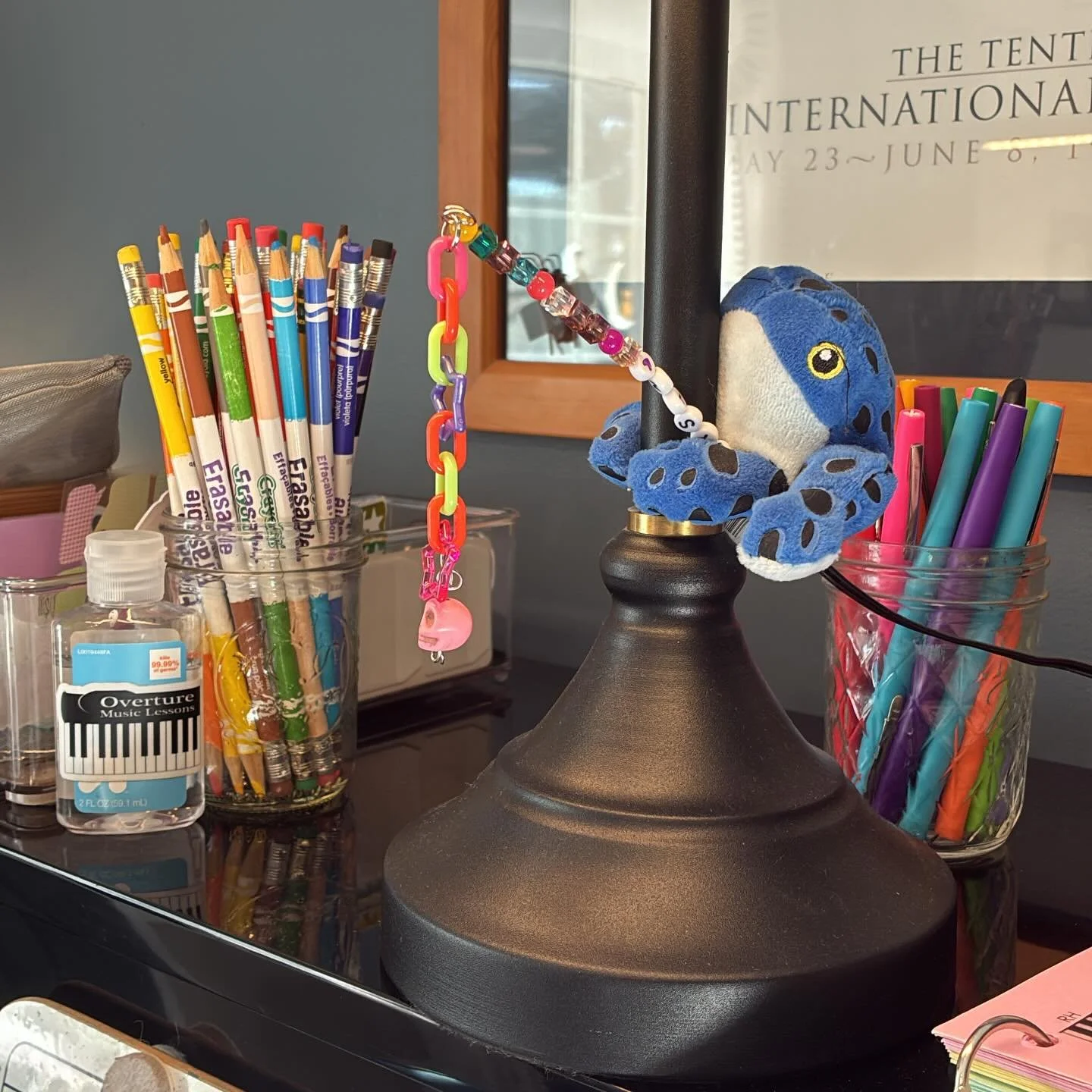 Students are collecting links on their personalized name chains this year to track all of their hard work and celebrate accomplishments. One of my students yesterday figured out that Blueberry (our little studio mascot) can actually hold the name cha