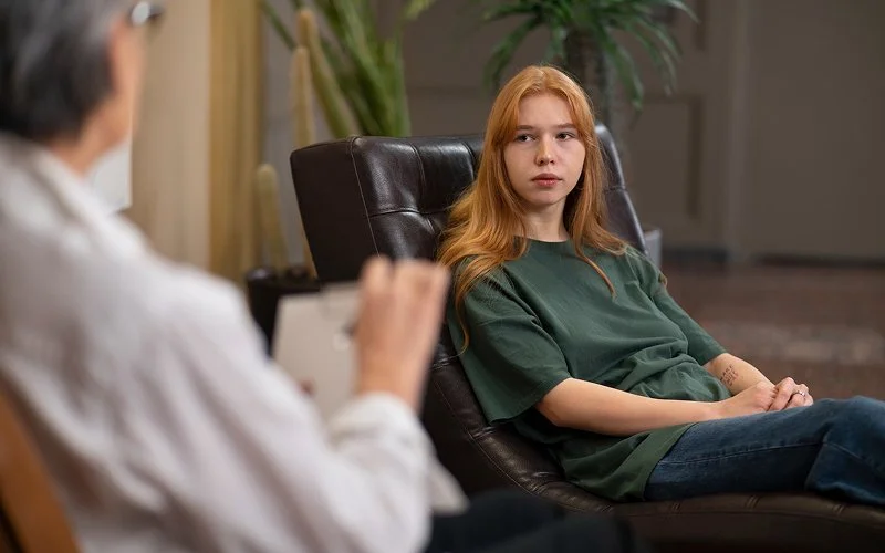 Teenager attending a therapy session to manage impostor syndrome.