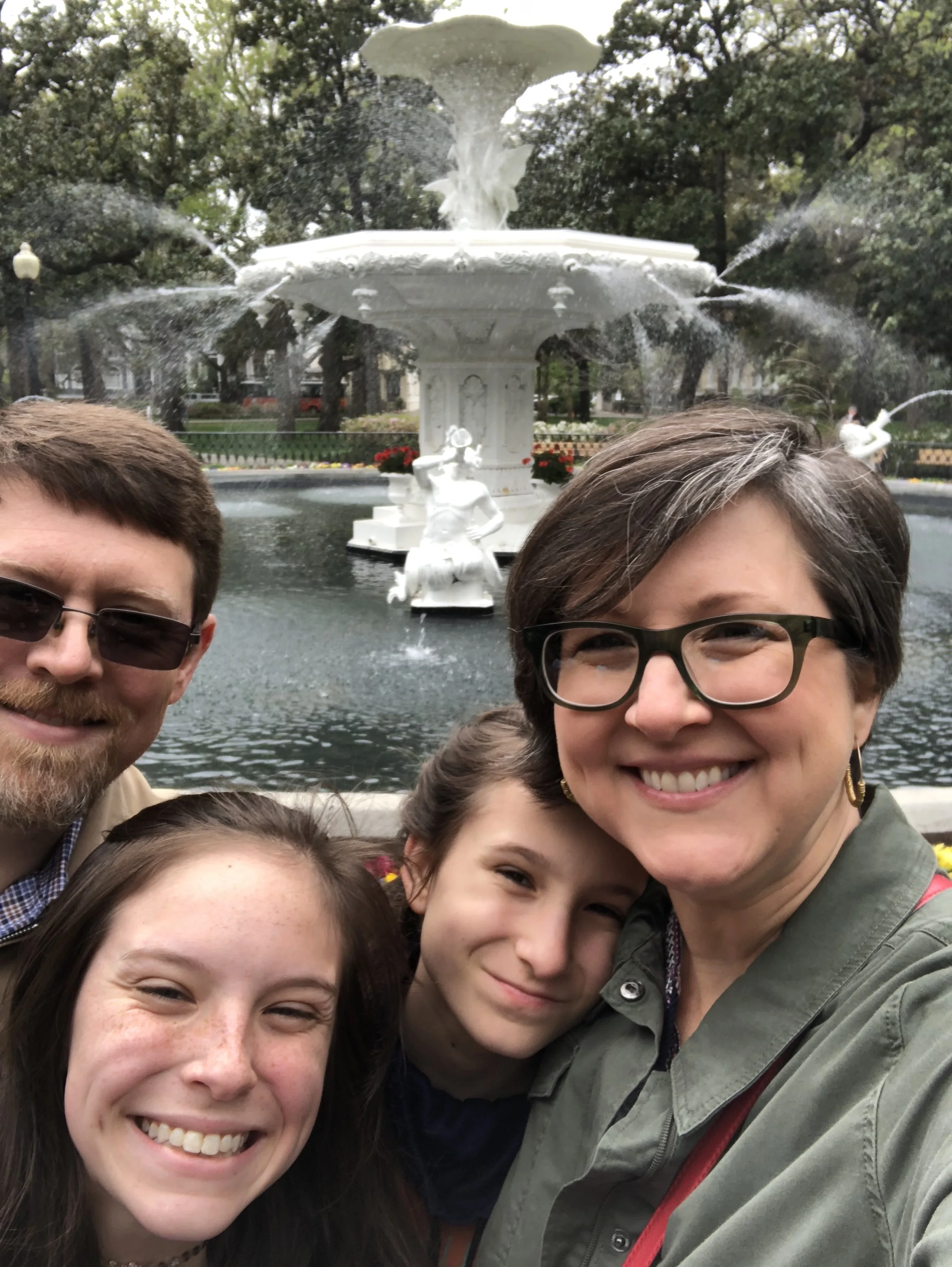 Family selfie in front of the Forsyth Park Fountain in Savannah (spring break a few years ago)