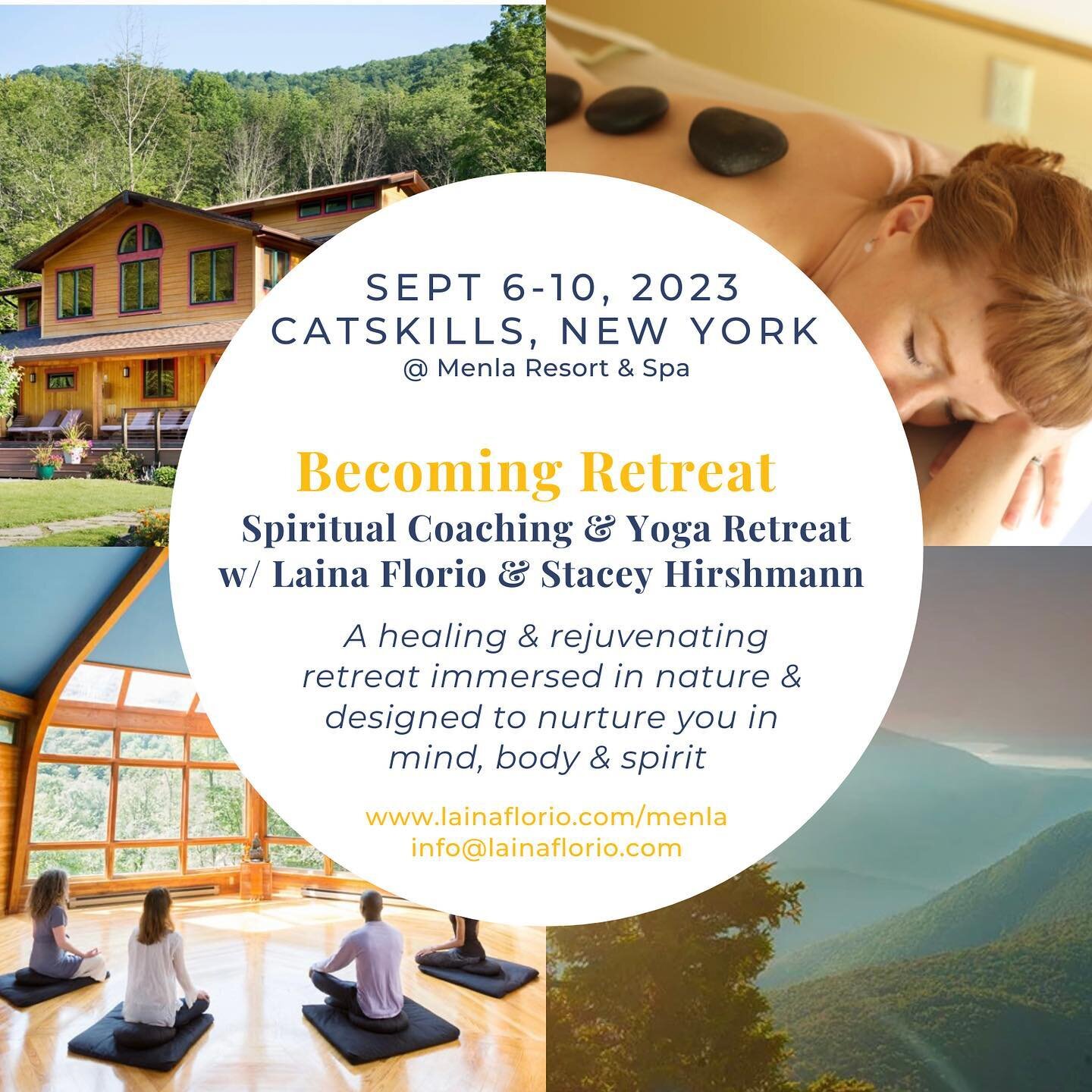 BECOMING Retreat
Holistic Coaching &amp; Yoga
September 6-10th, 2023
Catskills, New York 🇺🇸 

I am beyond thrilled to host this retreat in New York at @menlaretreat , a hidden oasis set in the heart of the Catskill mountains surrounded by thousands