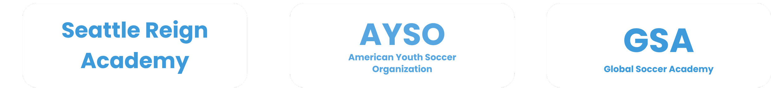 Three white banners with rounded corners, each displaying different blue text on a black background. The first banner reads "Seattle Reign Academy," the second reads "AYSO American Youth Soccer Organization," and the third reads "GSA Global Soccer Academy."