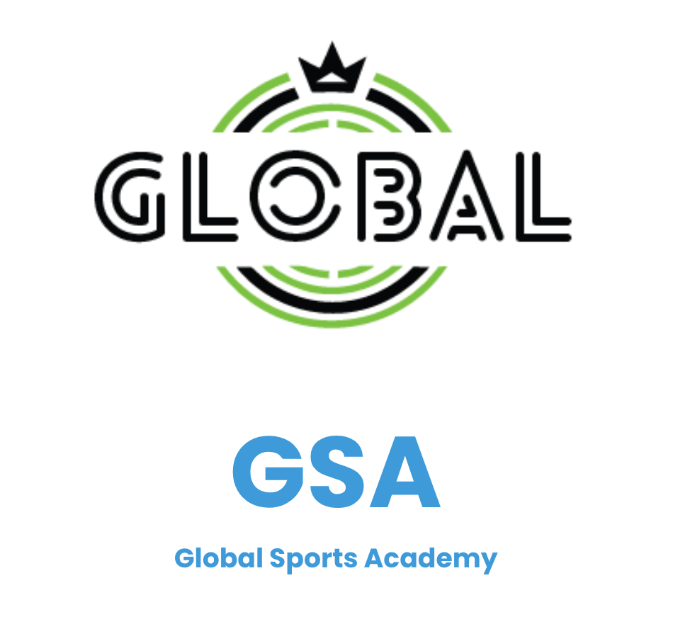 Logo for GSA Global Sports Academy with a stylized globe design and the text 'GSA' in blue, and 'Global Sports Academy' underneath.