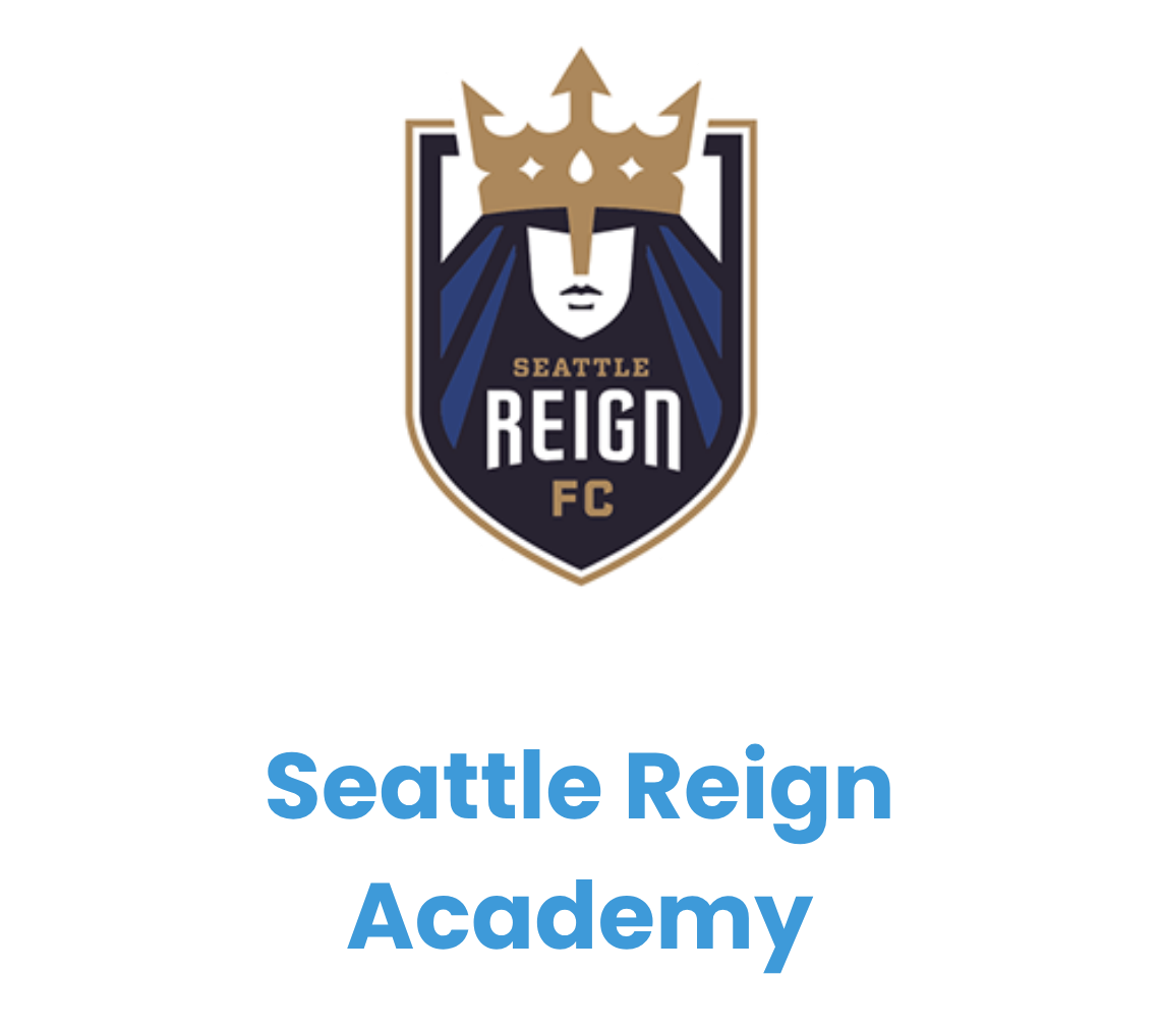 Seattle Reign FC logo with a stylized female face and a gold crown, above the text 'Seattle Reign FC'. Below, text reads 'Seattle Reign Academy' in blue.