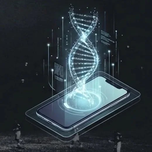 A smartphone with a glowing DNA helix emerging from its screen, surrounded by digital data and futuristic graphics.