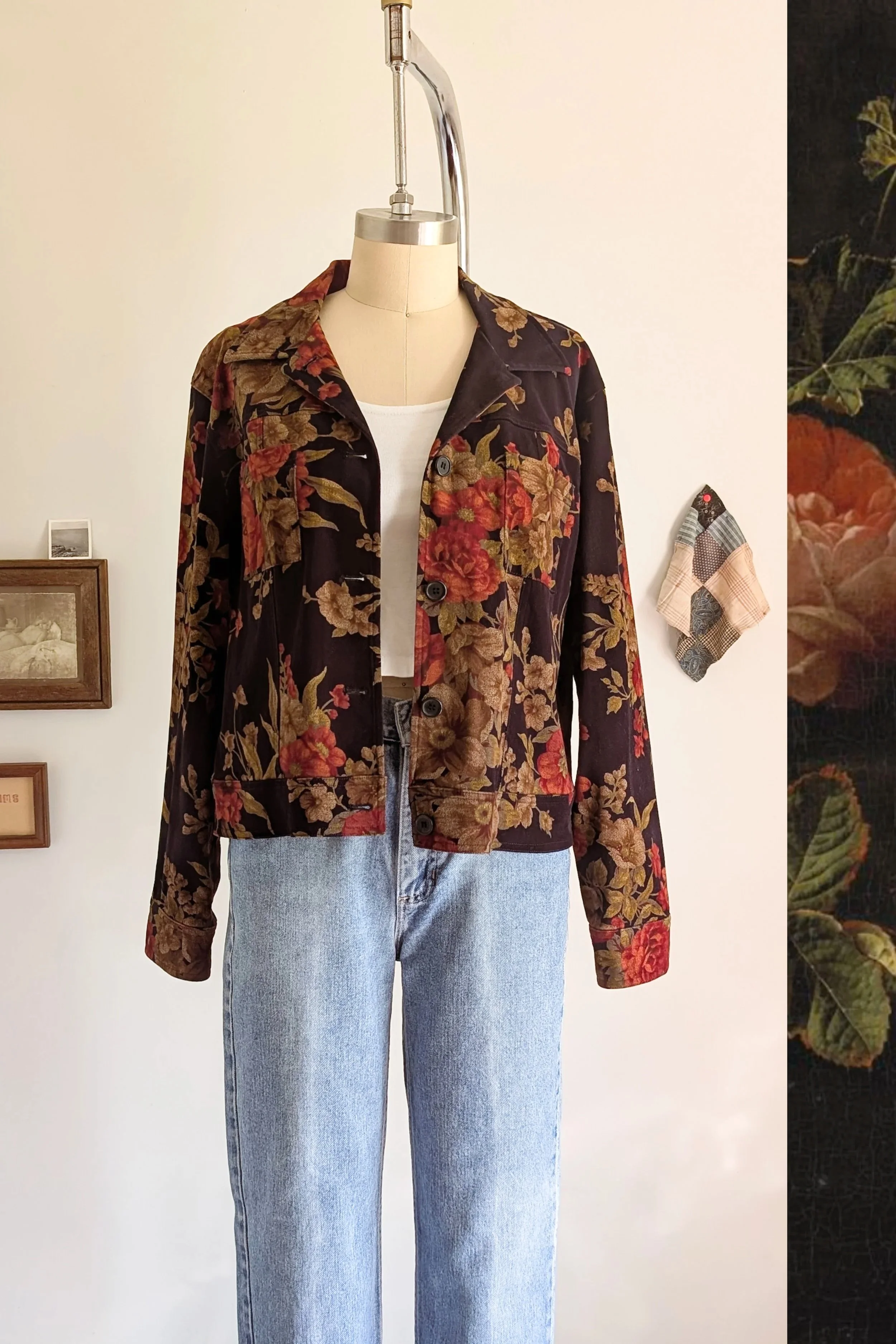 90s Black Floral Lightweight Cotton Suede Jacket