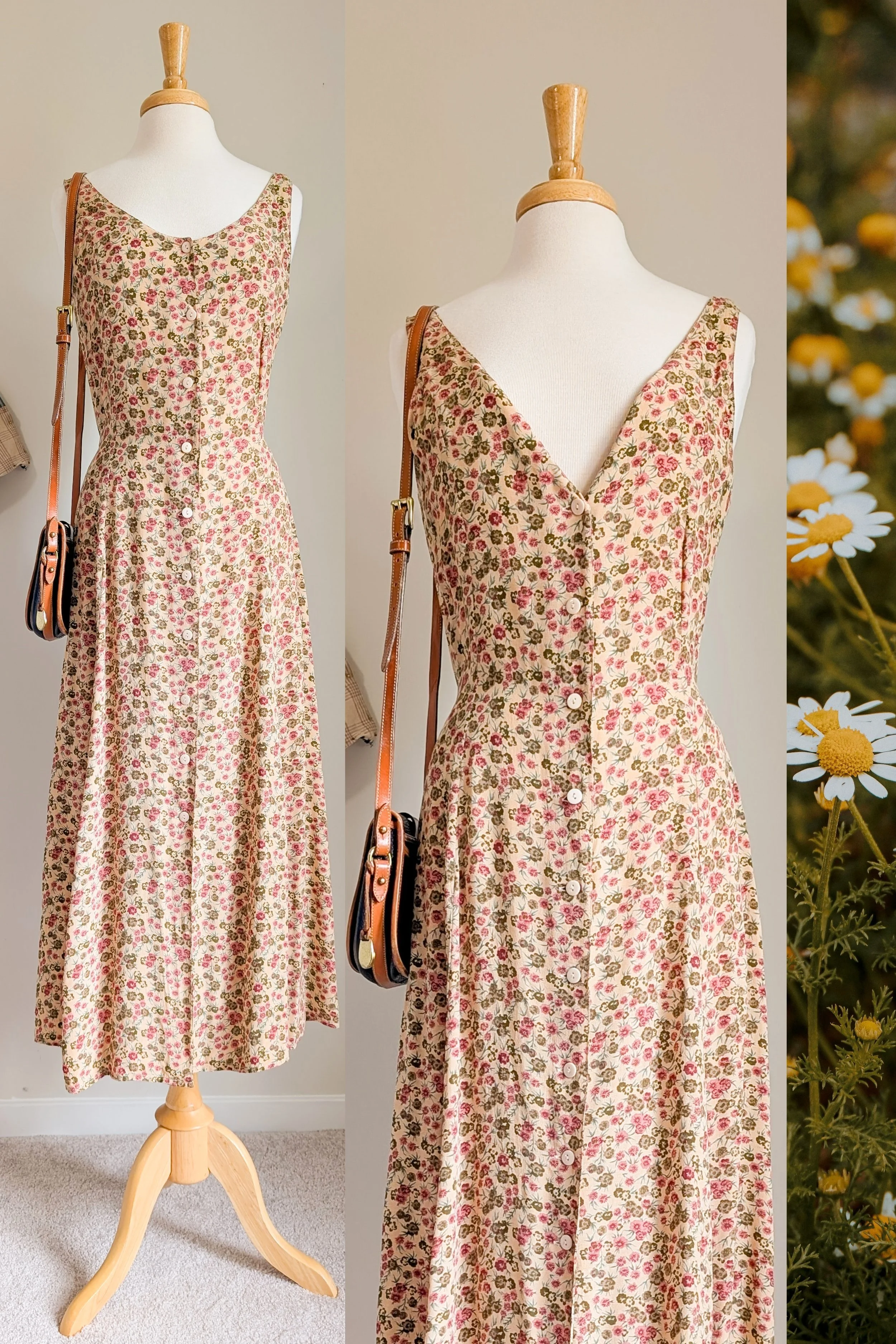 Vintage Tawny Floral Tie Waist Button Front Midi Dress