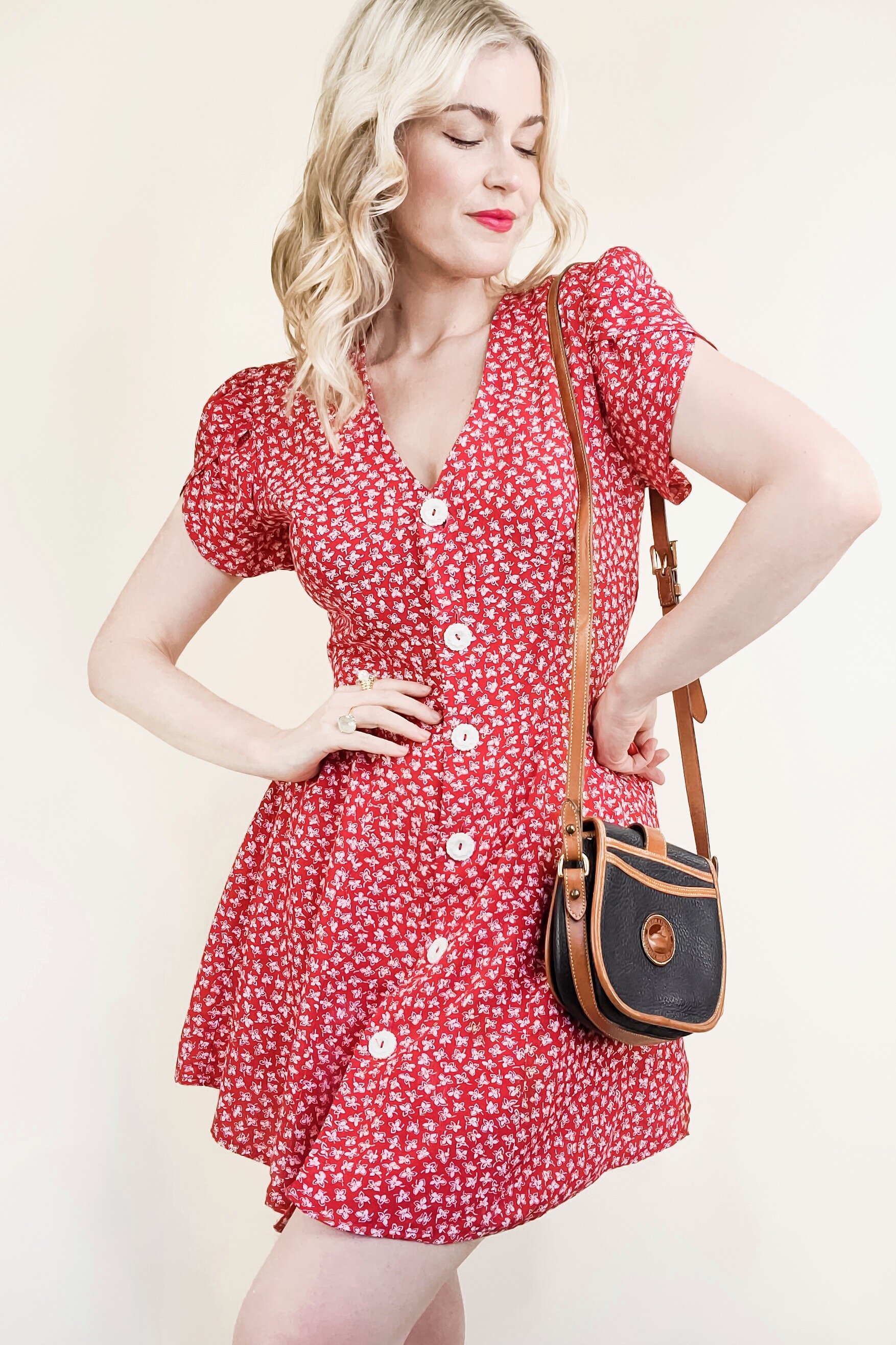 90s Red Floral Button Down Petal Sleeve Dress (Size Small)