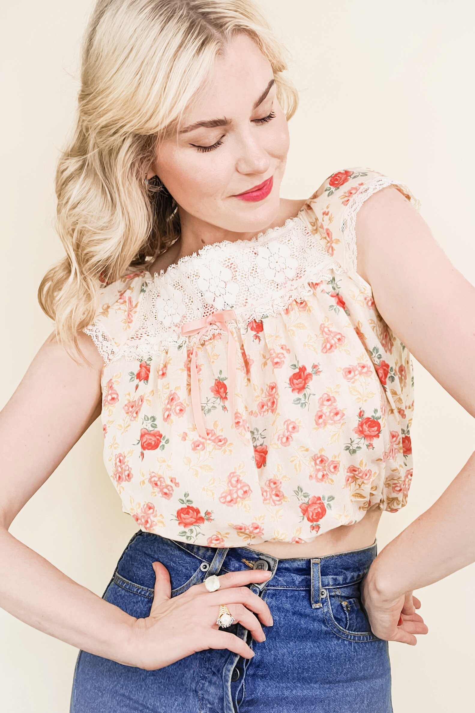 70s Cream Floral Lace Trim Reworked Blouse