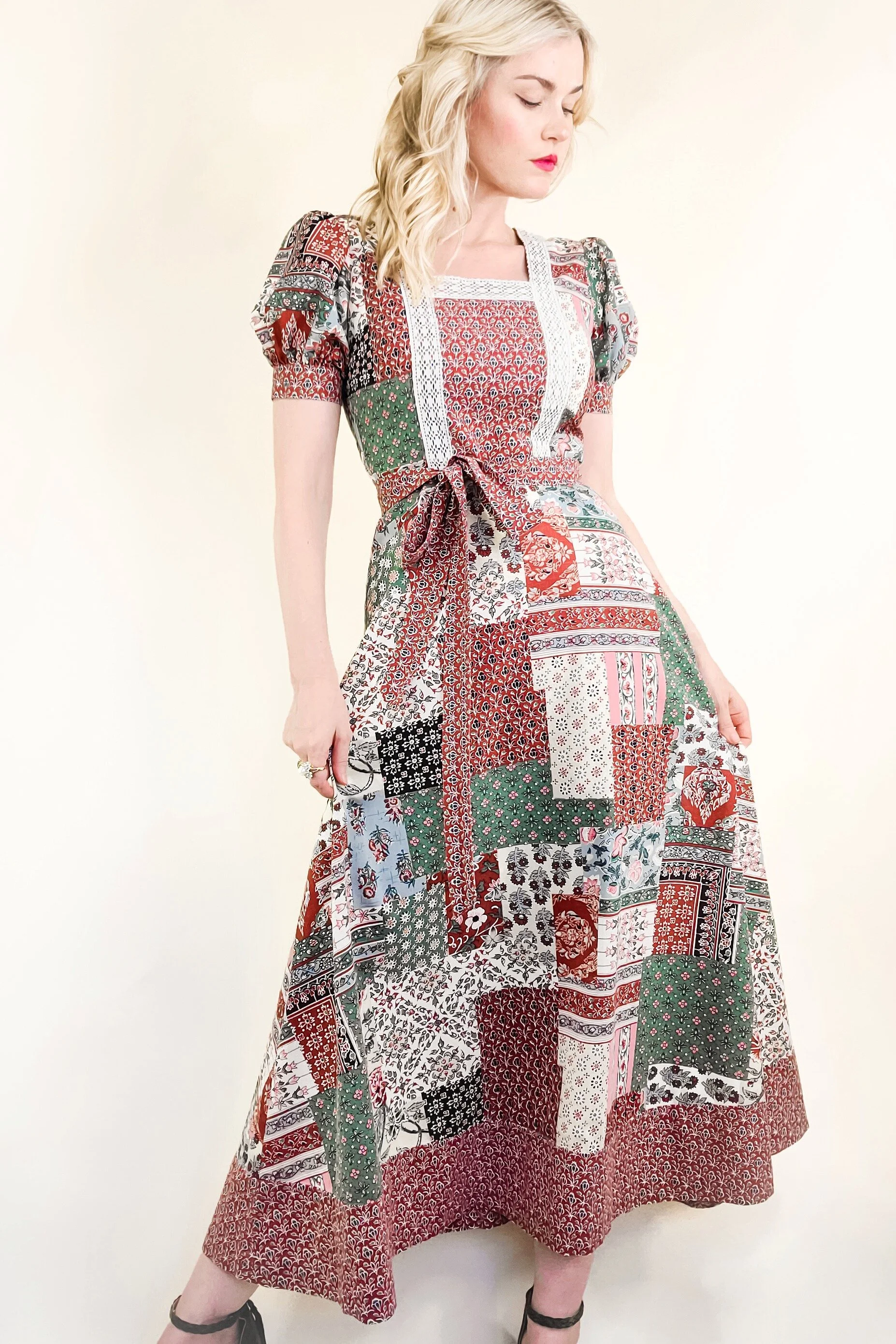 70s Patchwork Floral Handmade Tie Waist Cotton Maxi Dress