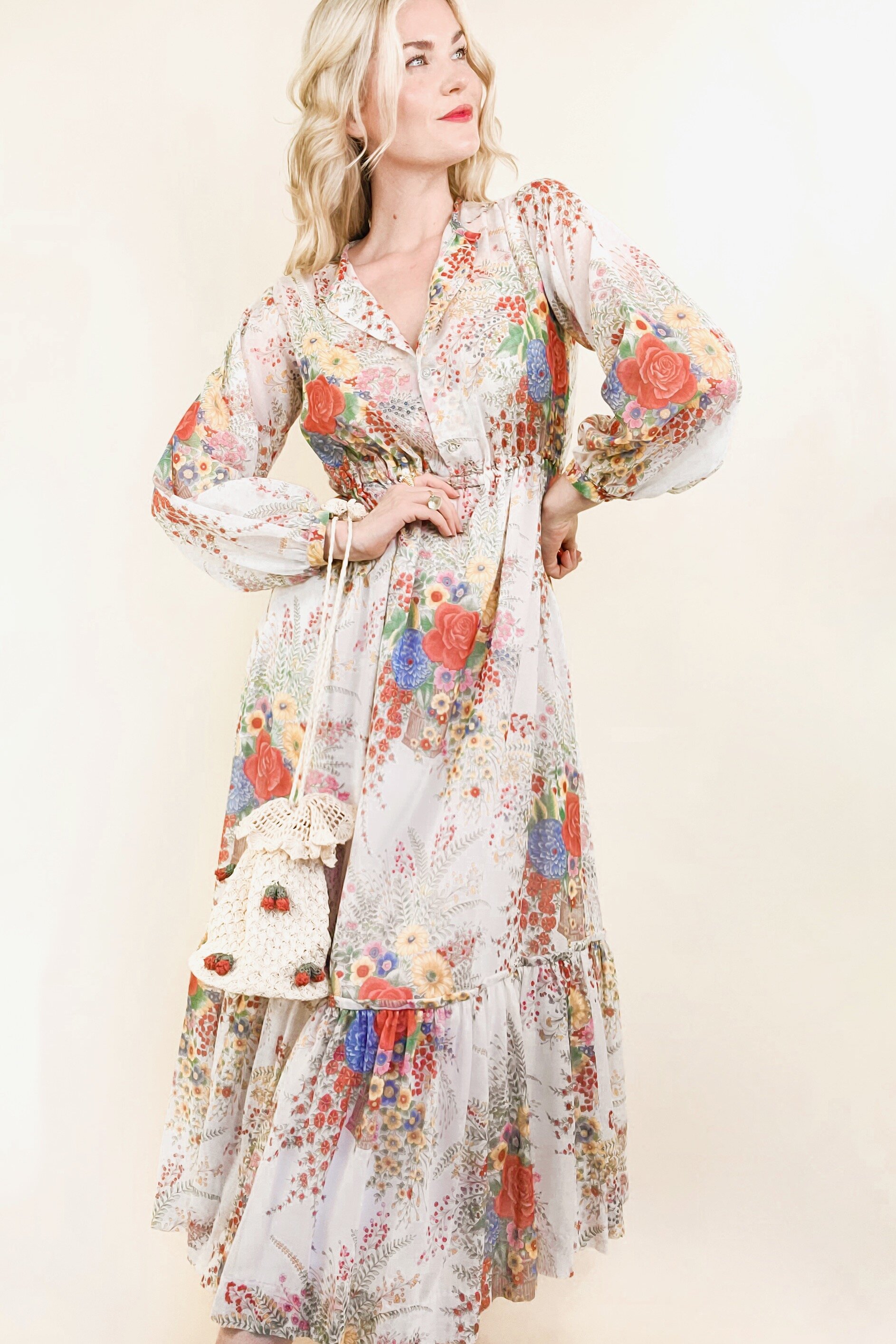 70s White Blooming Floral Bishop Sleeve Tiered Maxi Dress