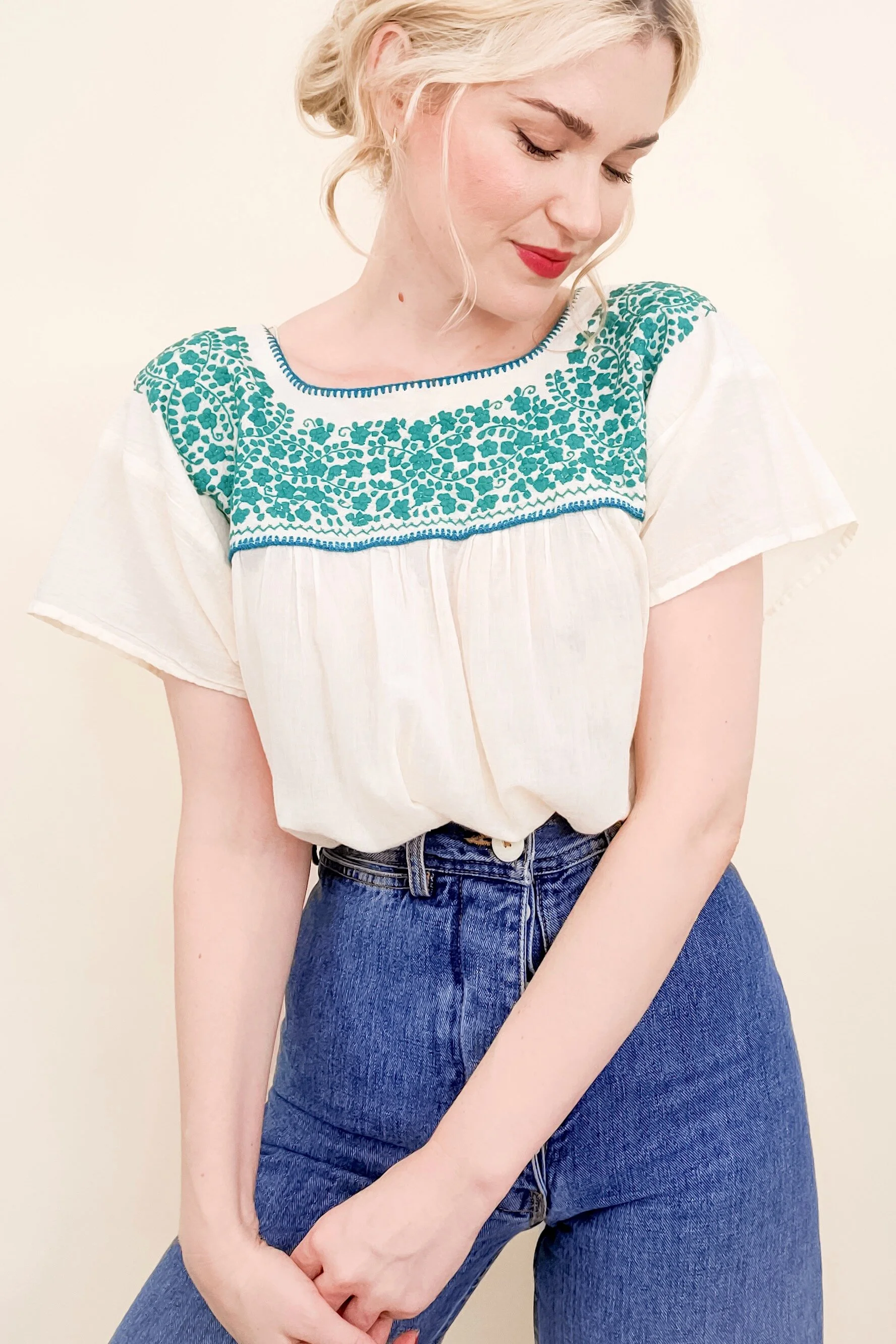 Handmade Vintage Embroidered Cotton Short Sleeve Blouse (Open Sizing)