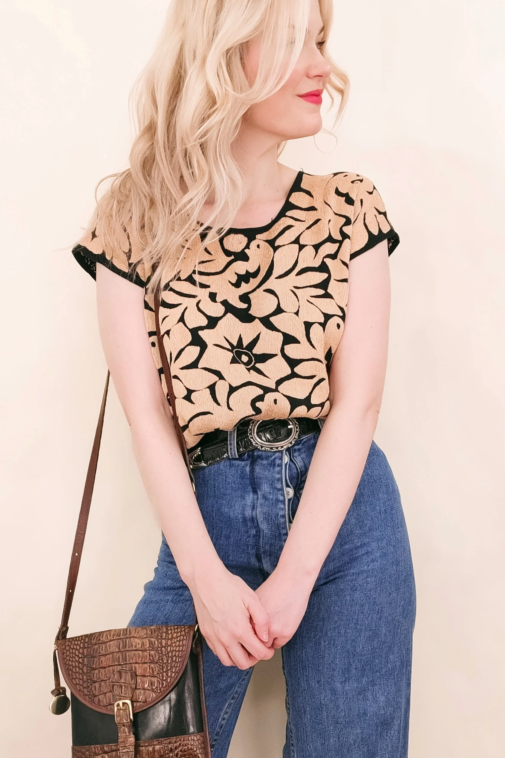 Handmade Black and Beige Embroidered Bird Flora Blouse