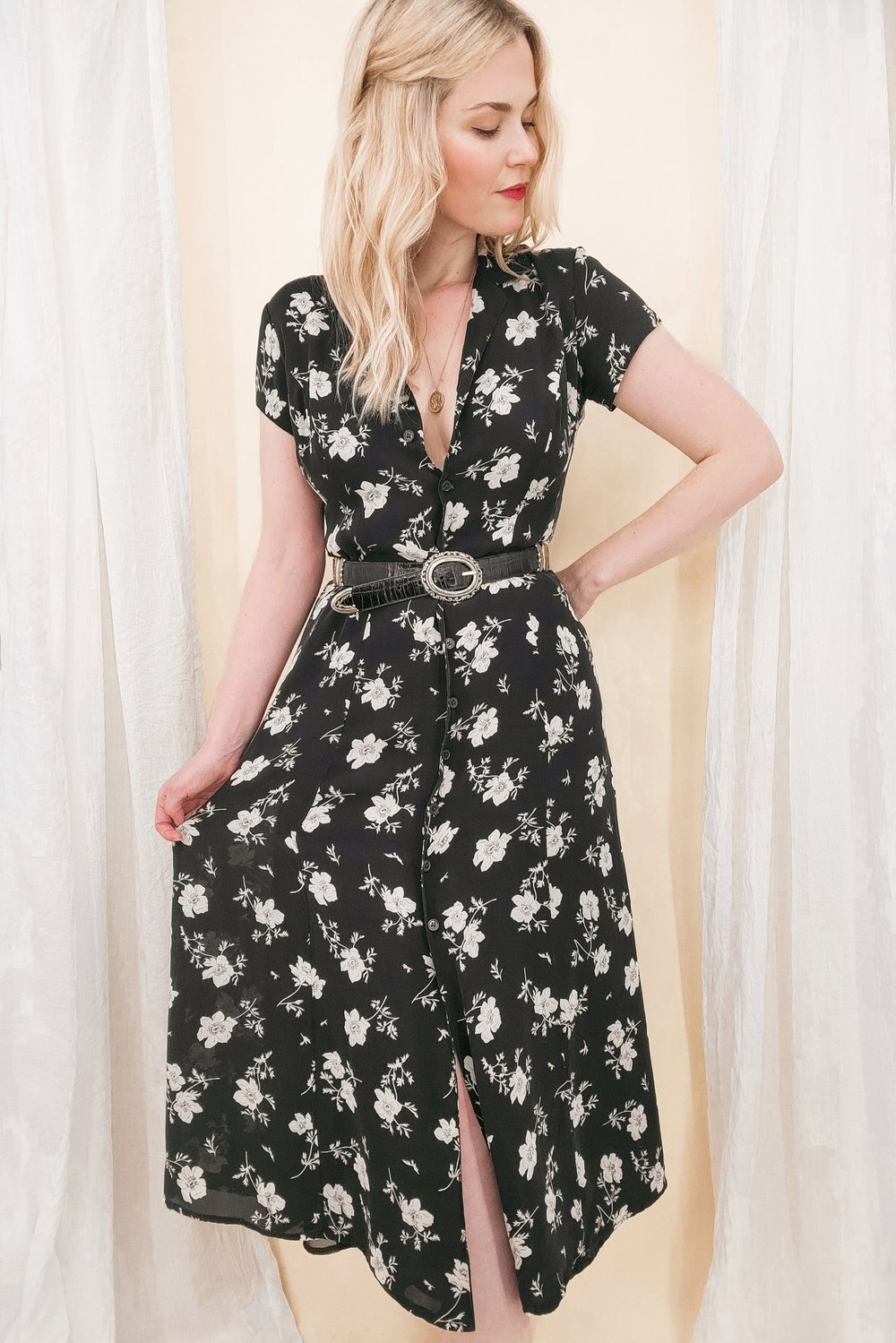black floral silk dress High Neck Floral Midi Dress 10 / Noir/Multi