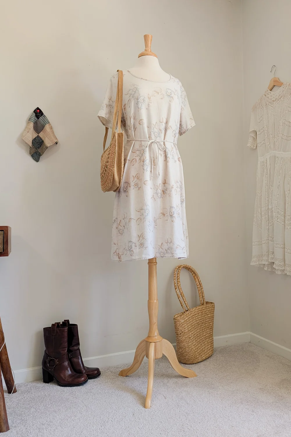 90s Oat Floral Linen Tie Waist Mini Dress  Neutral Nirvana