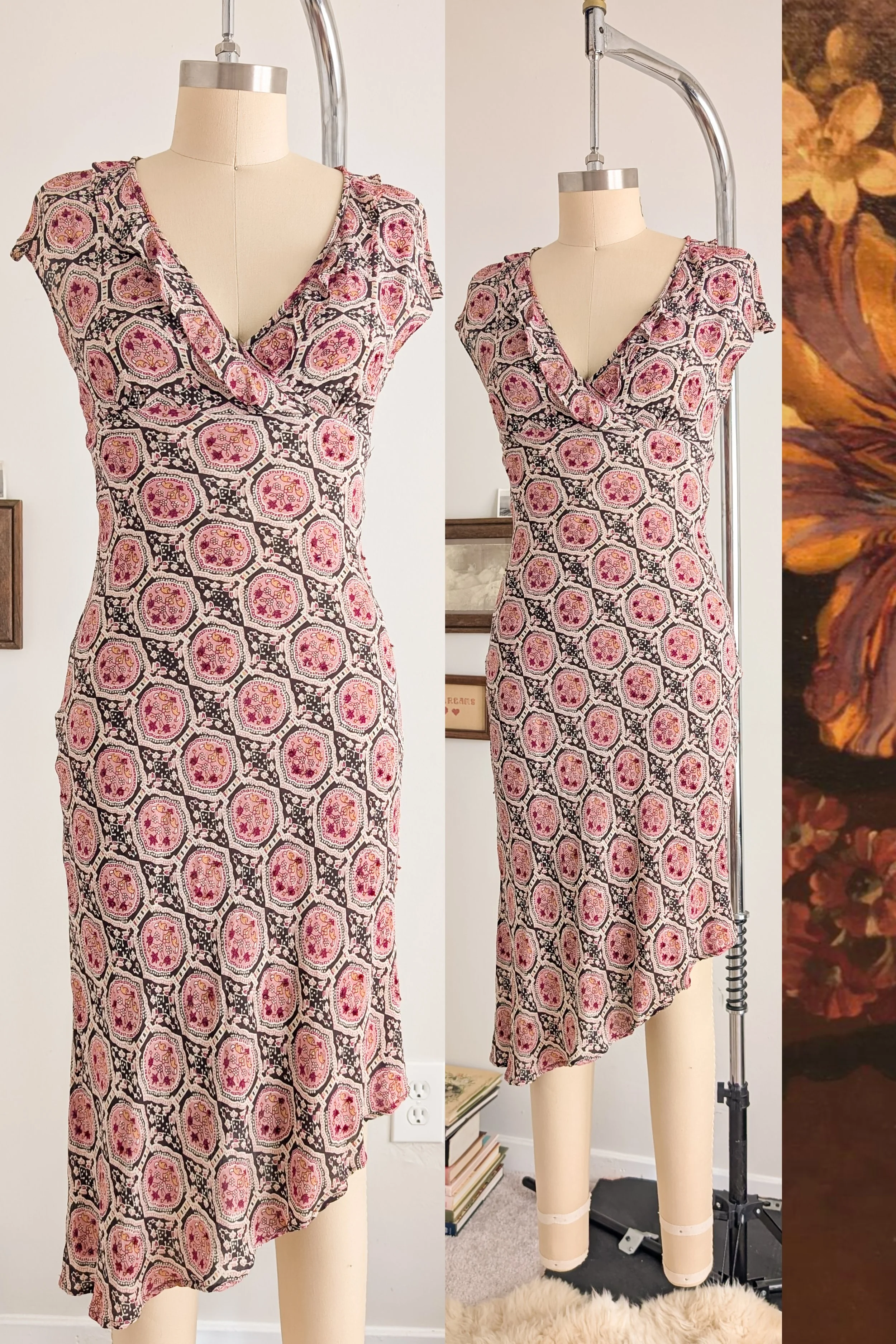 90s Floral V Neck Asymmetrical Hem Bias Cut Midi Dress