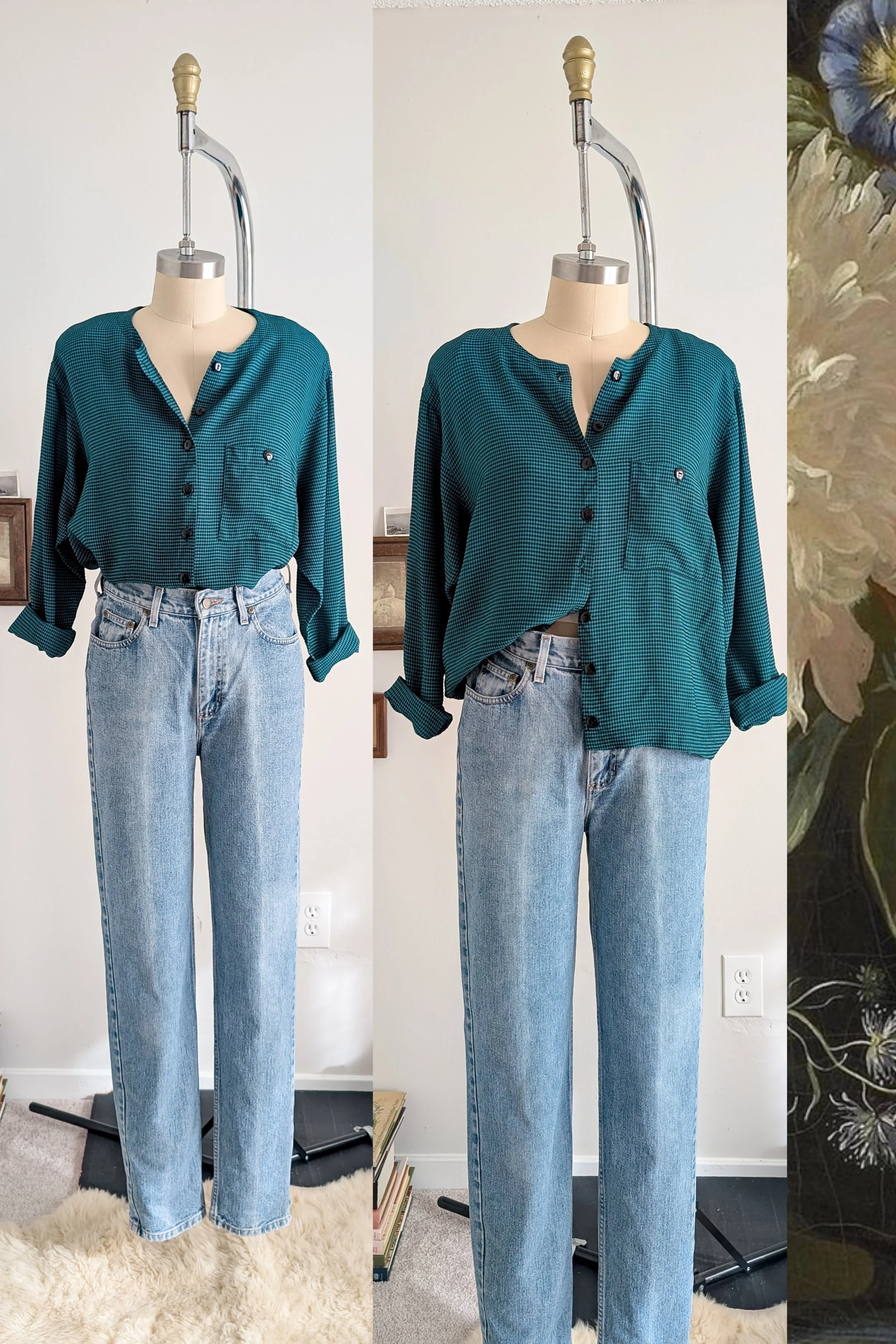 80s Green & Black Gingham Button Front Long Sleeve Blouse