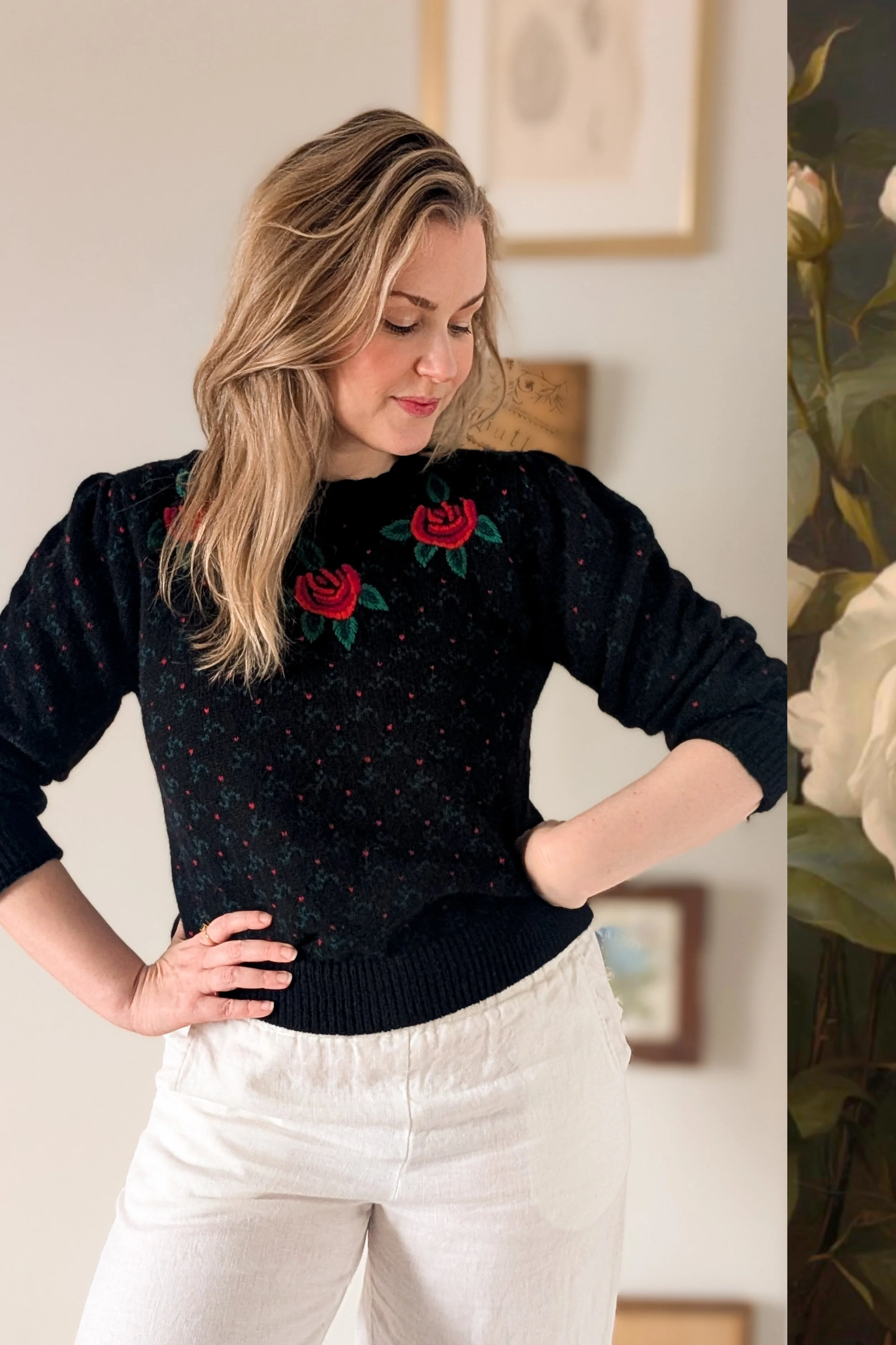 80s Black Floral Embroidered Wool Crew neck Sweater