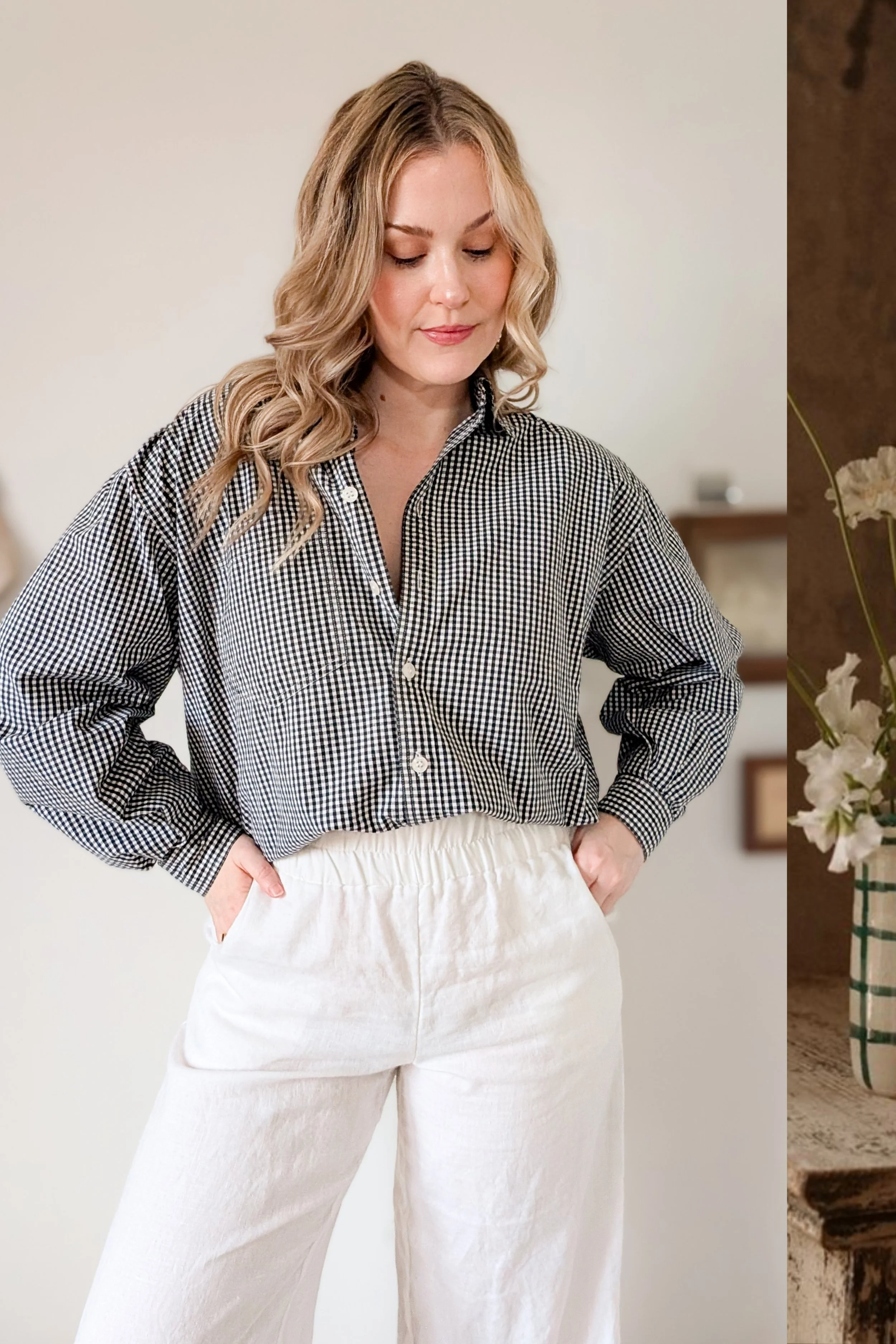 90s Black & White Micro Gingham Cotton Button Down Blouse