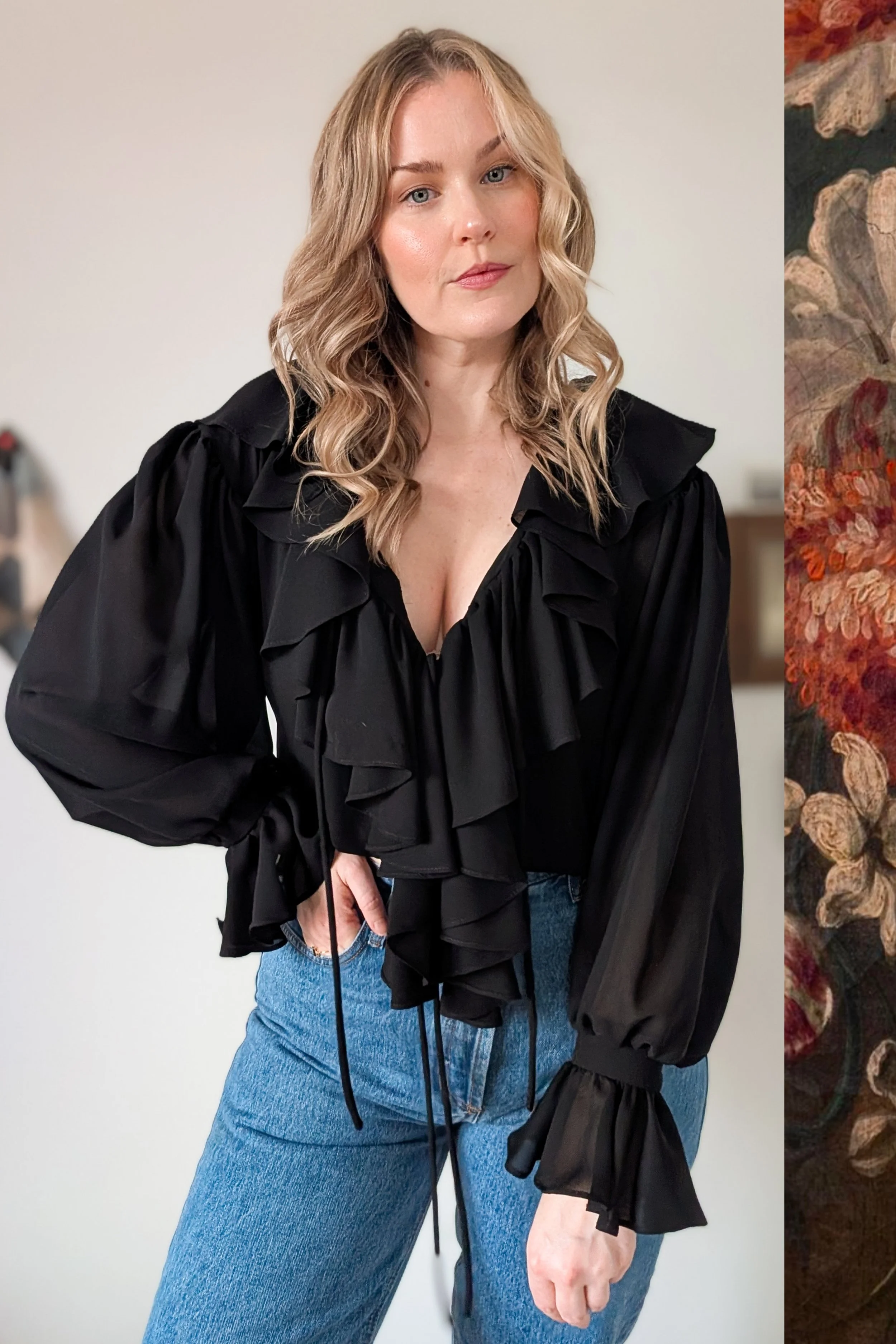 90s Black Ruffled Tie Front Poet Blouse