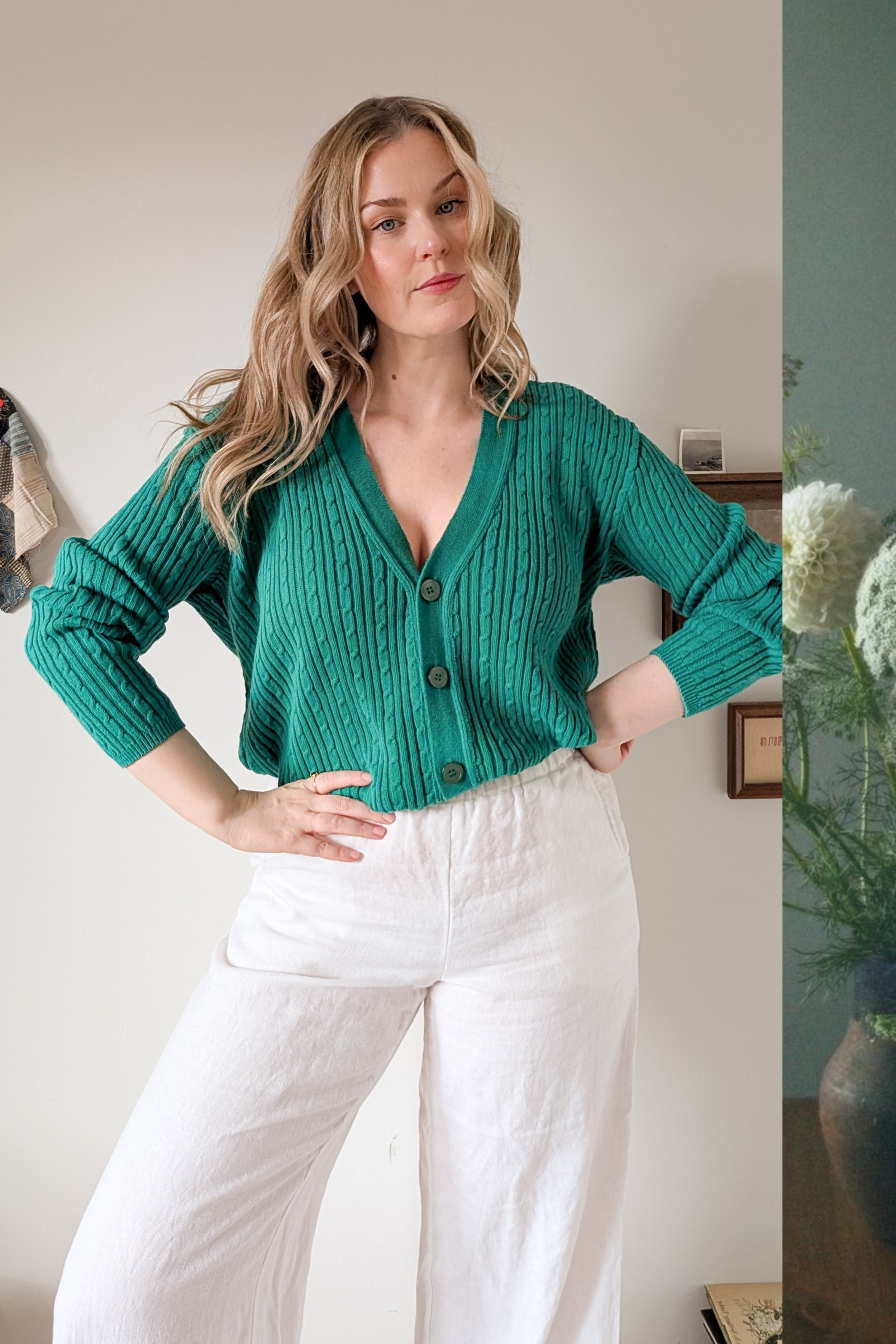 90s Green Cable Knit Cotton V Neck Cardigan
