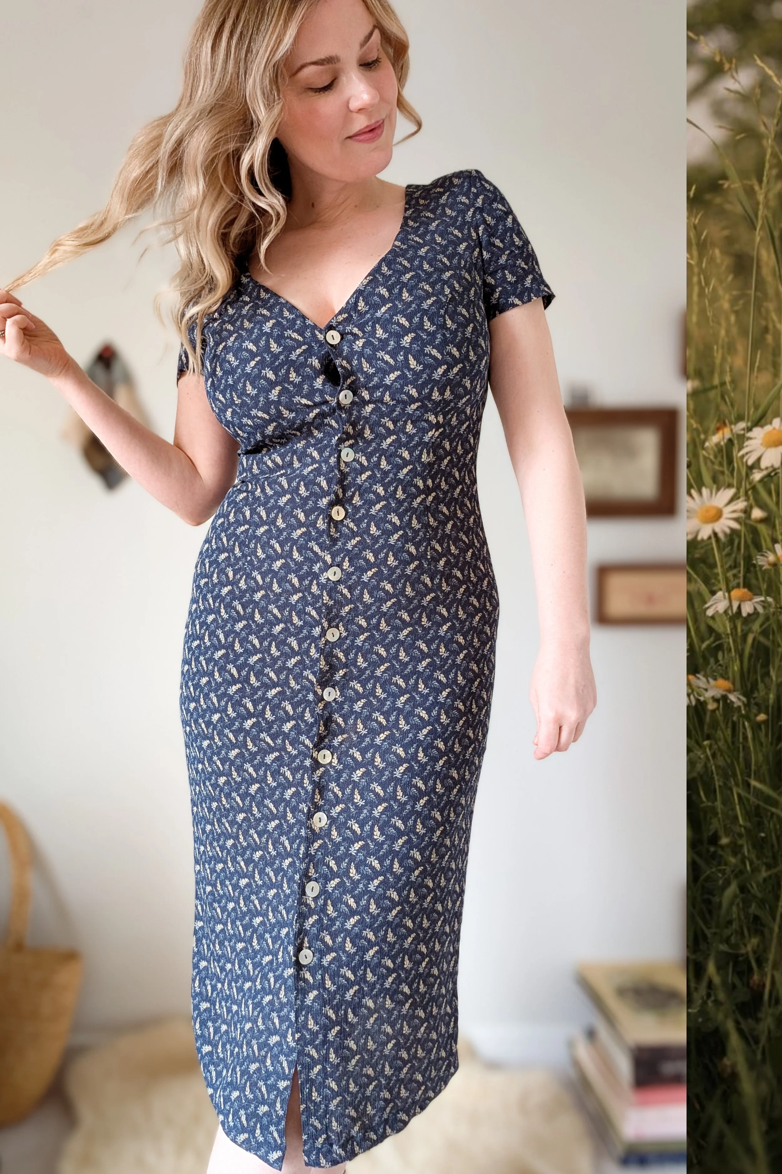 90s Blue Button Front Tie Midi Dress