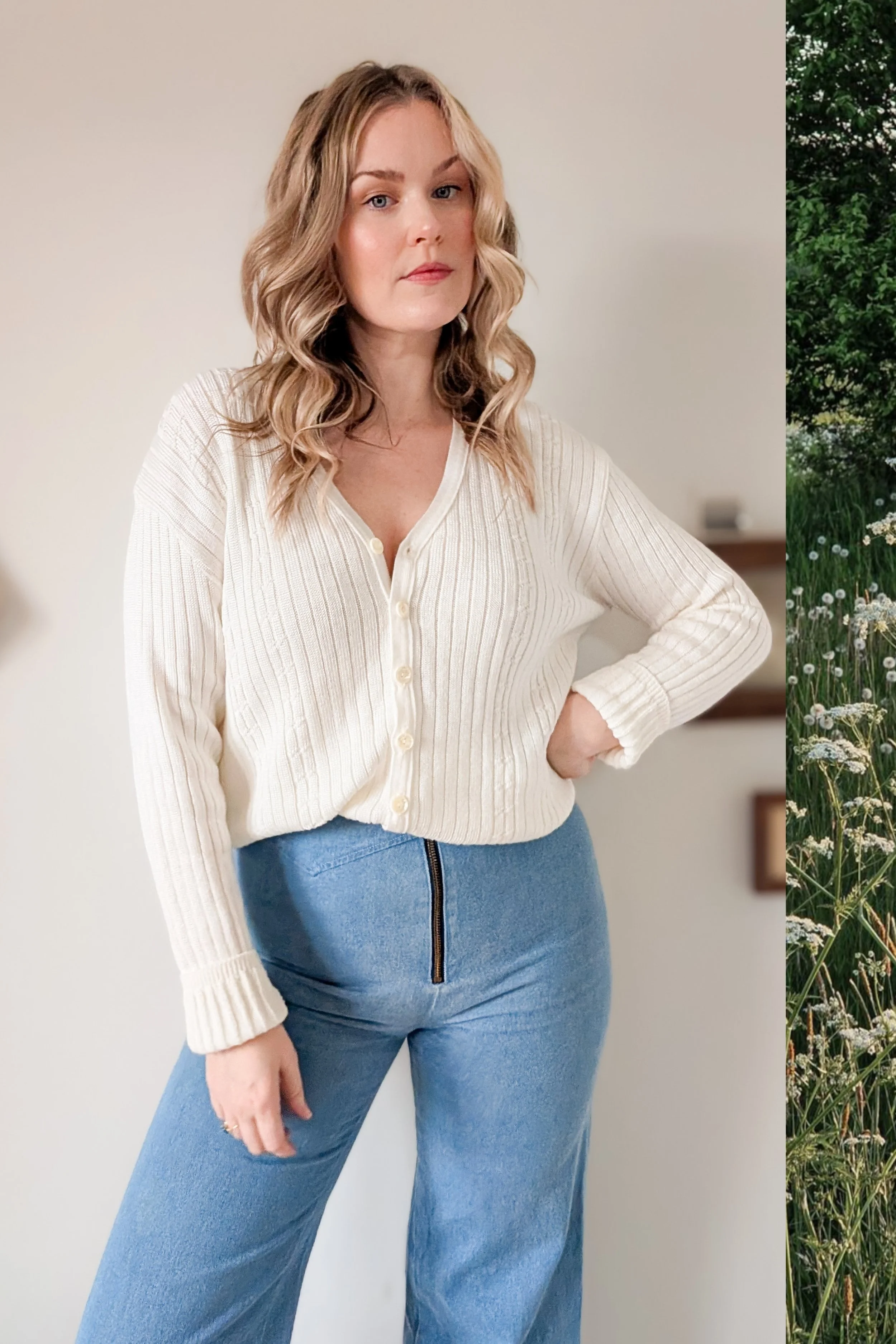 80s Ivory Ribbed Cable Knit V Neck Long Sleeve Cardigan