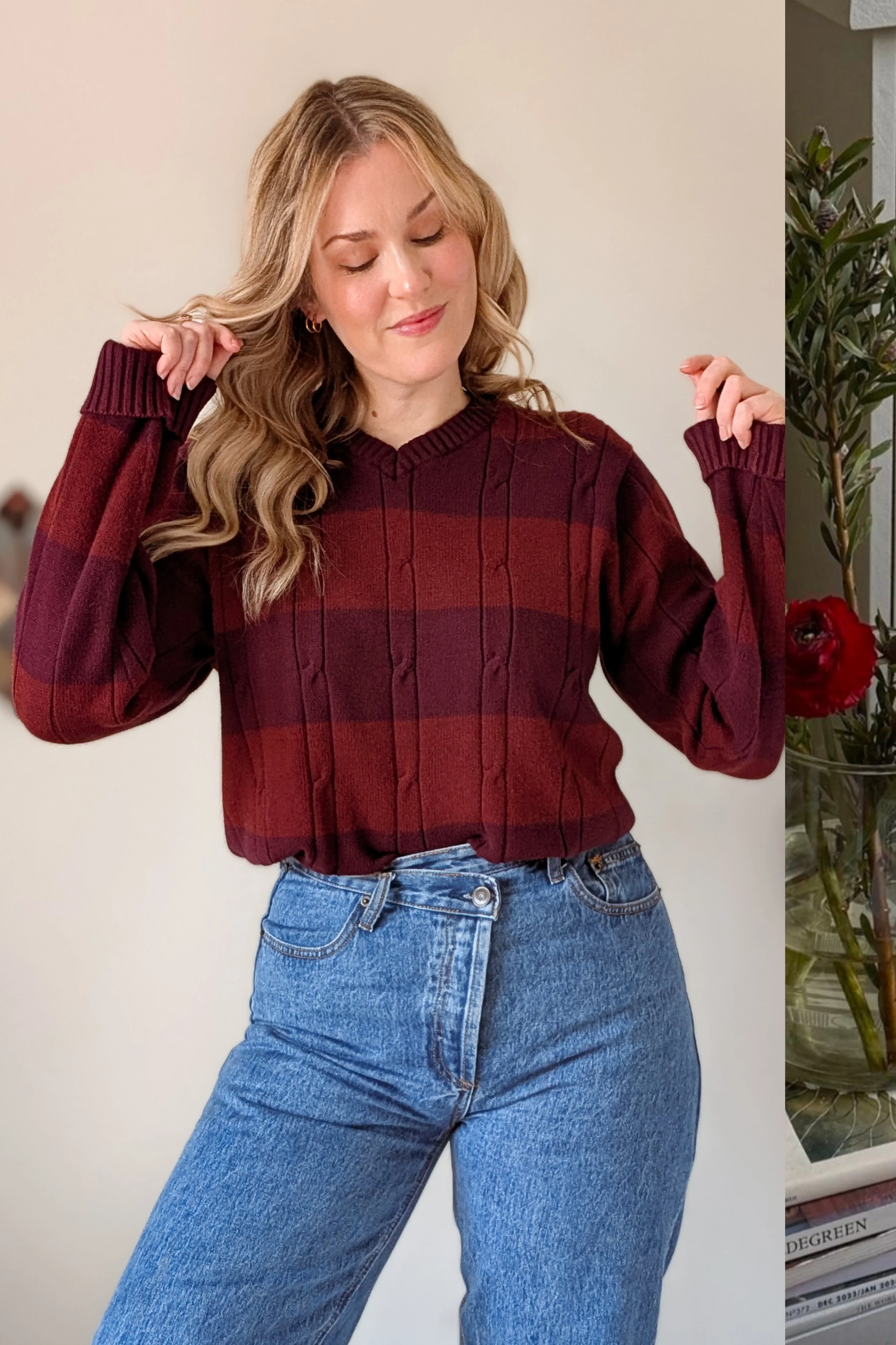 90s Striped Cable Knit V Neck Rugby Style Sweater