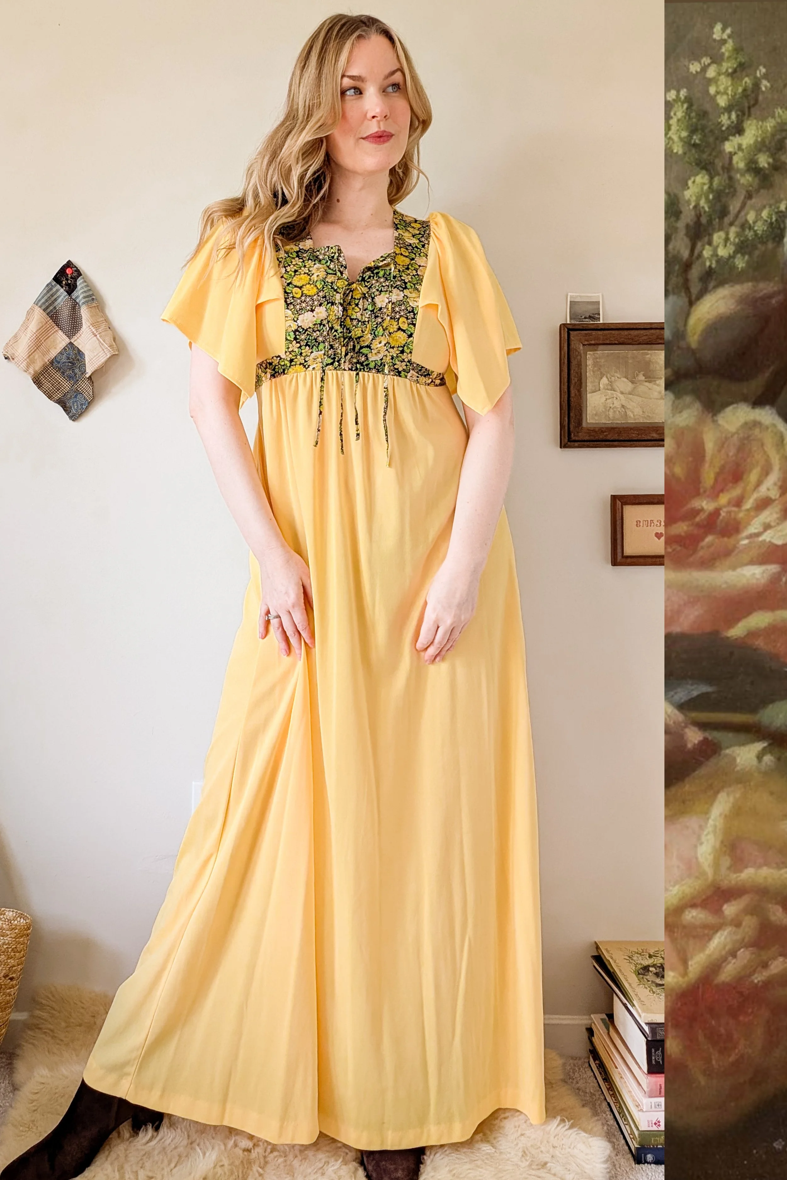 70s Yellow Floral Tie Waist Empire Maxi Dress