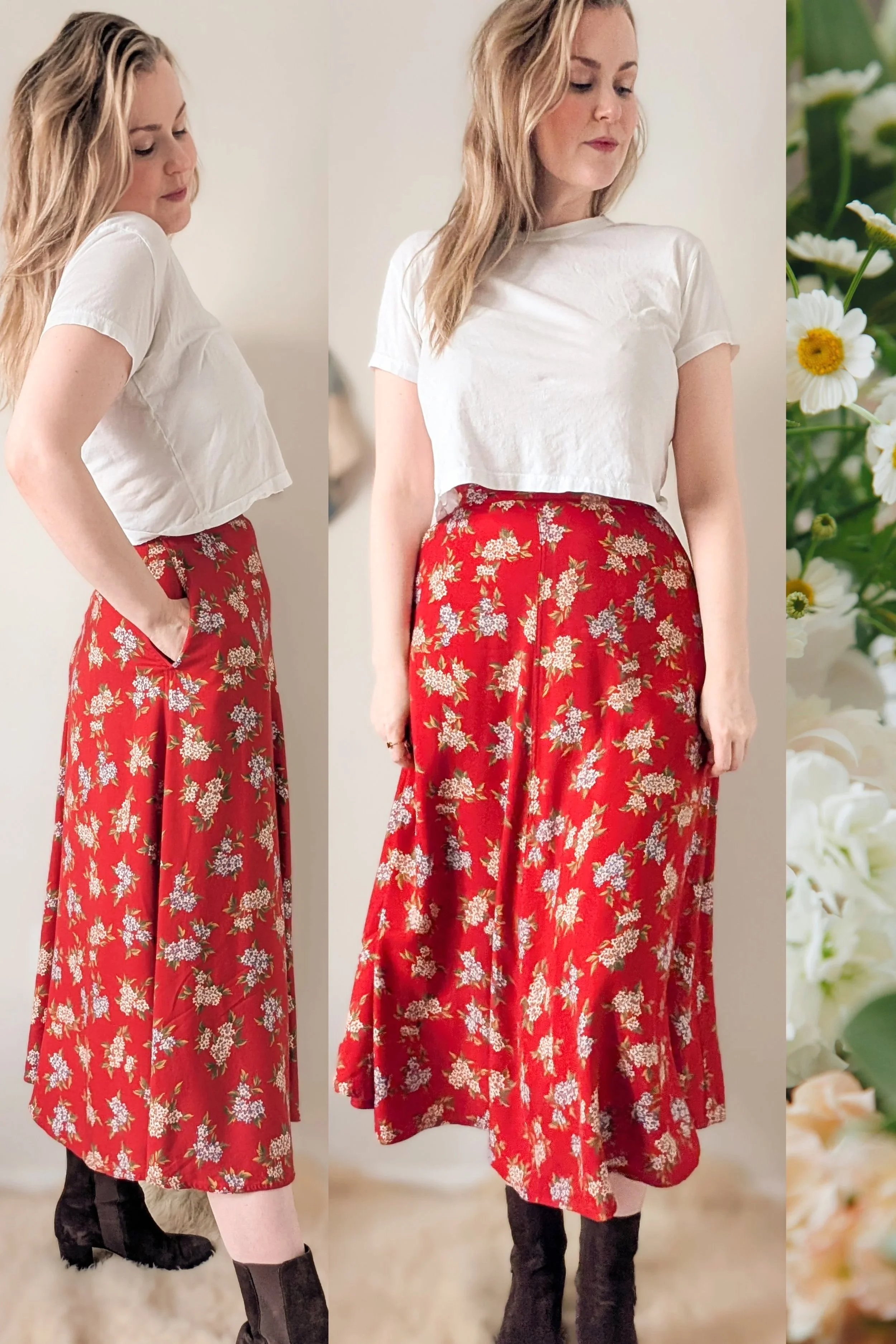 90s Red Floral High Waist Maxi Skirt