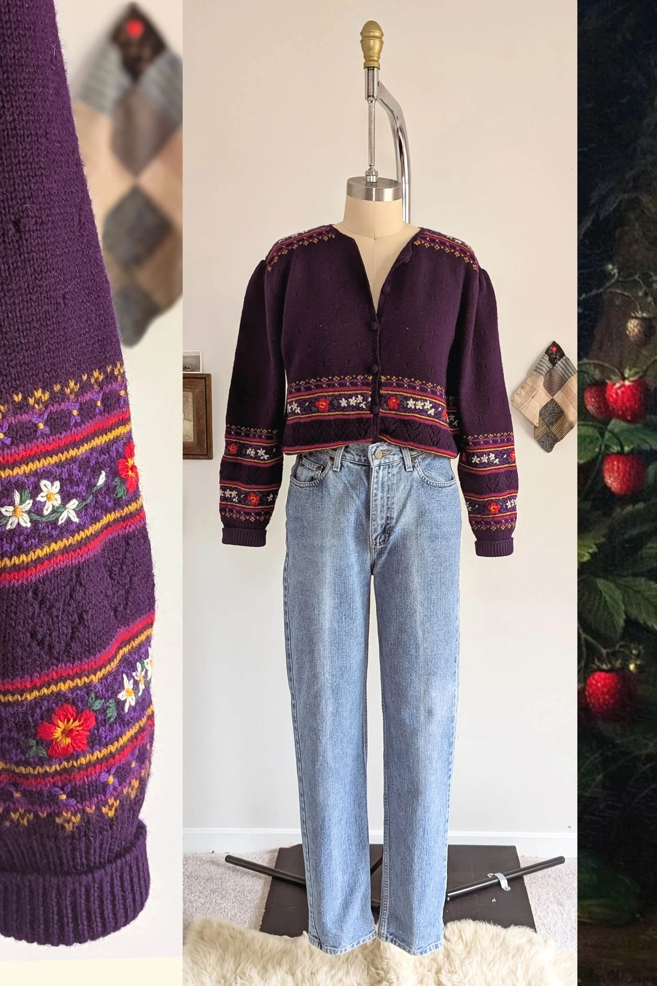 80s Floral Embroidered Pointelle Wool Cardigan