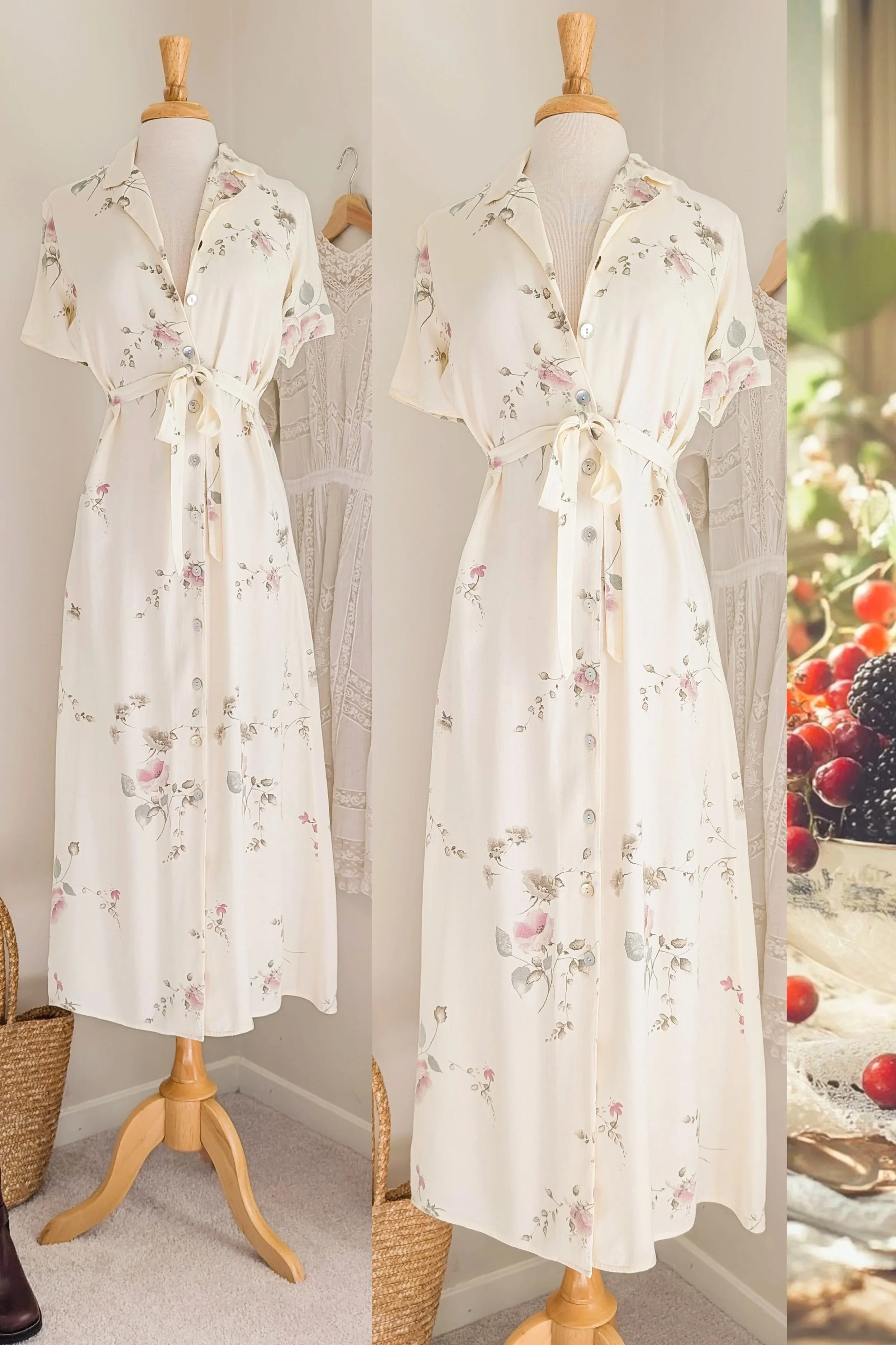 90s Cream Watercolor Floral Tie Waist Button Front Midi Dress